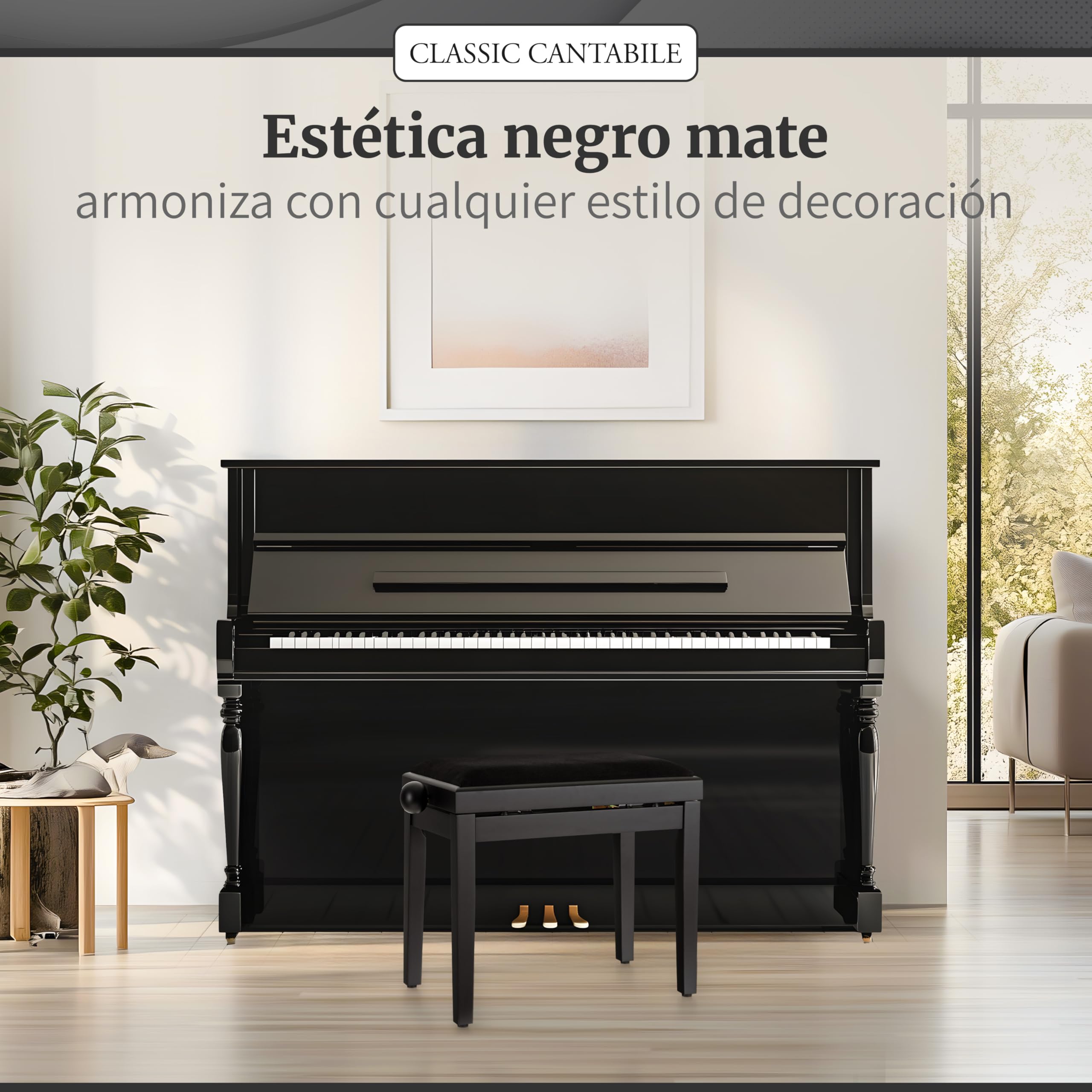 Classic Cantabile Banqueta para Piano Negro Mate - Altura Regulable de 47-56cm - Banco con Mecanismo de husillo - Asiento de Taburete 55 x 32cm - Silla con Funda de Terciopelo, Estable