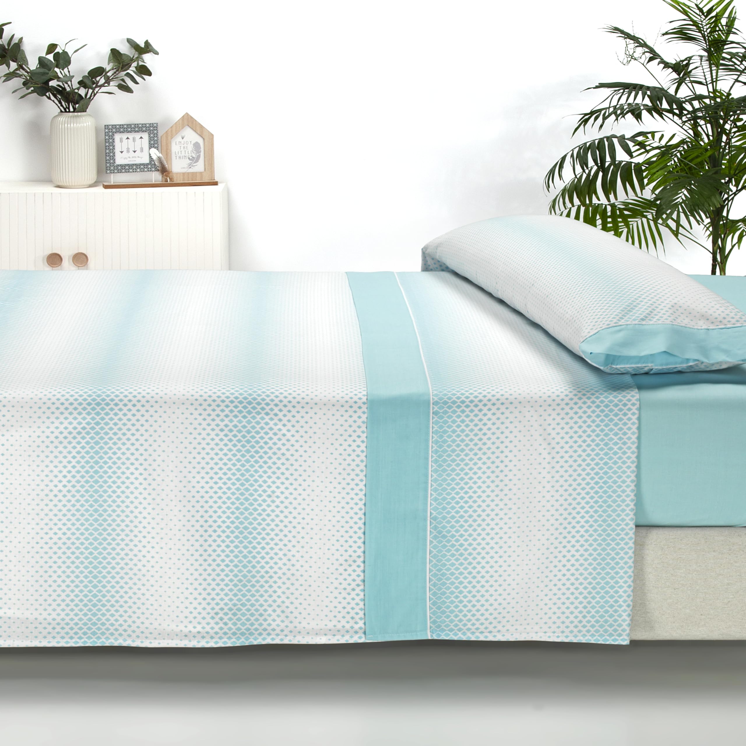 Sábanas 135x190 - Juego de Sábanas 3 Piezas - Algodón y Poliéster - Sábana Bajera Ajustable hasta 30 cm, Encimera y Funda Almohada - Ropa de Cama Estampada Suave y Transpirable (Elsa Azul)