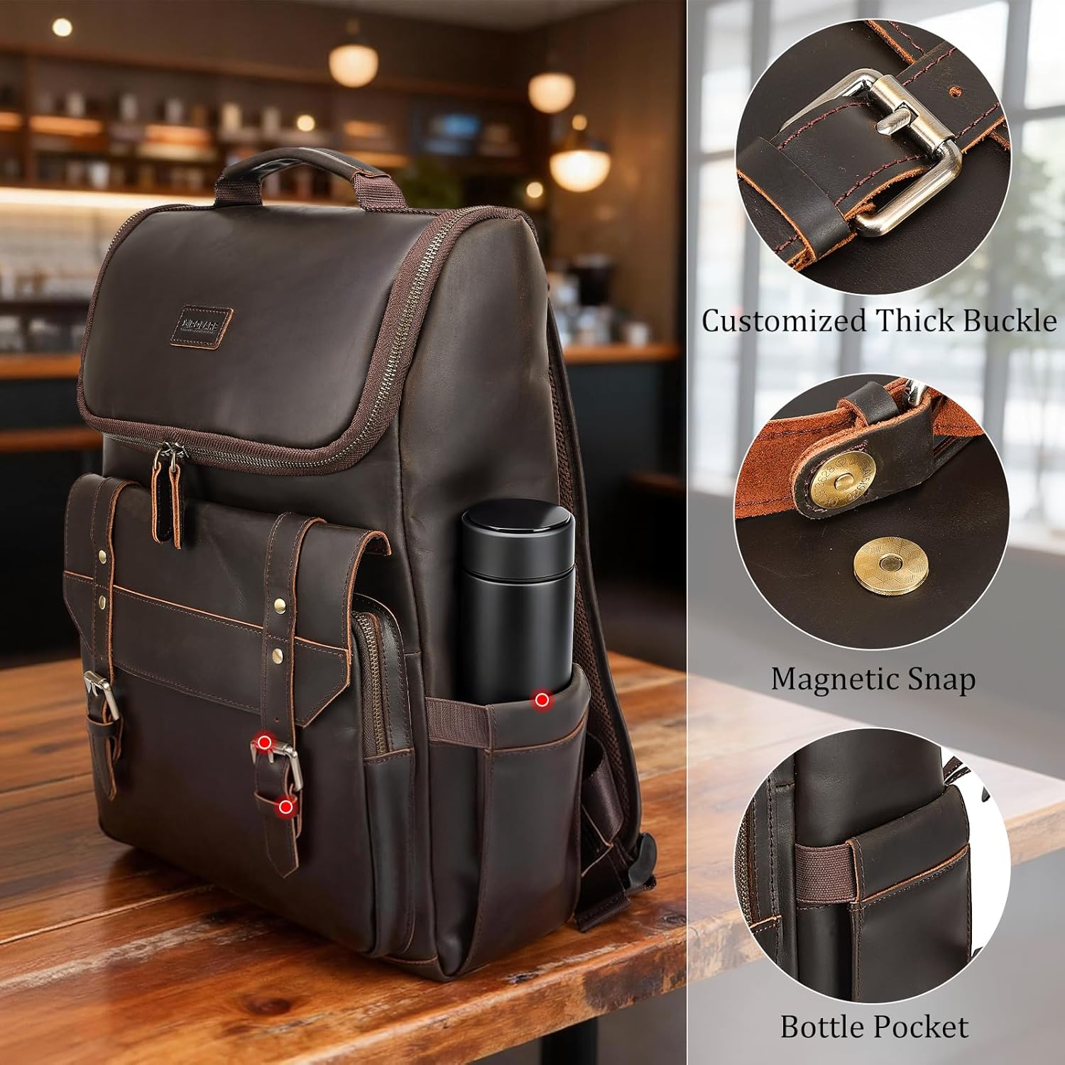 Polare Full Grain Leather Laptop Backpack Day Pack Business Overnight Travel Bag Rucksack For Men - Image 7