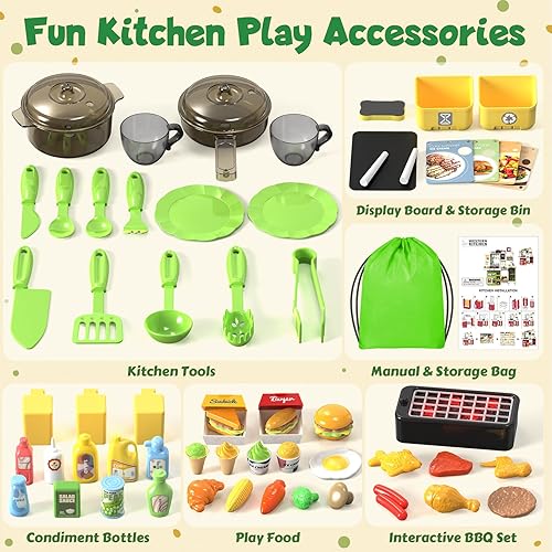 Miniatura 8 de Juego de cocina para niños con luces, sonidos y vapor, juego de cocina grande para niños pequeños con fregadero, parrilla, juegos de comida para