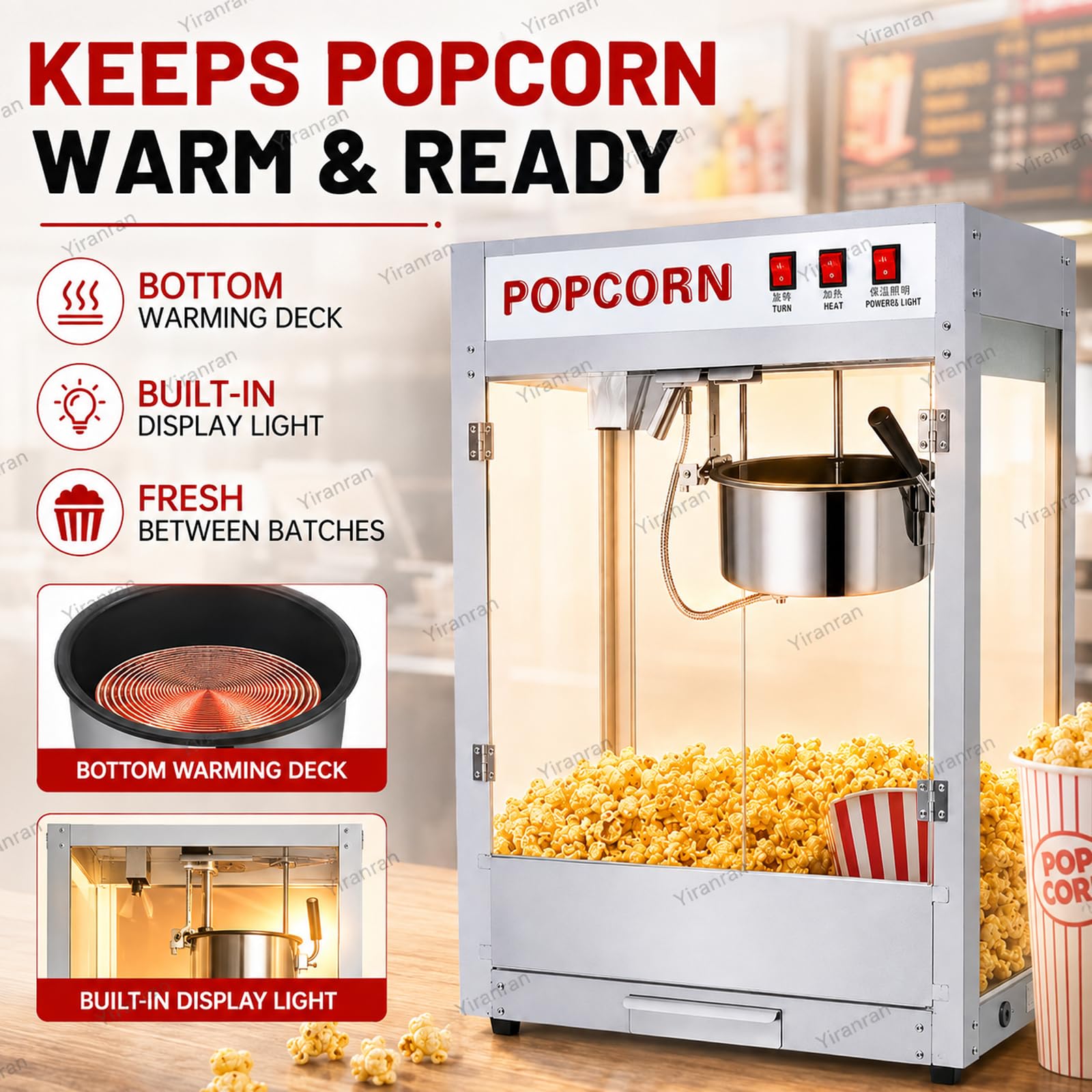 Máquina De Palomitas De Maíz De 8 Oz Para Noches De Cine, Con Agitación Automática, Olla Antiadherente, Calentador Inferior Y Control De 3 Interruptores, Ideal Para Películas, Fiestas