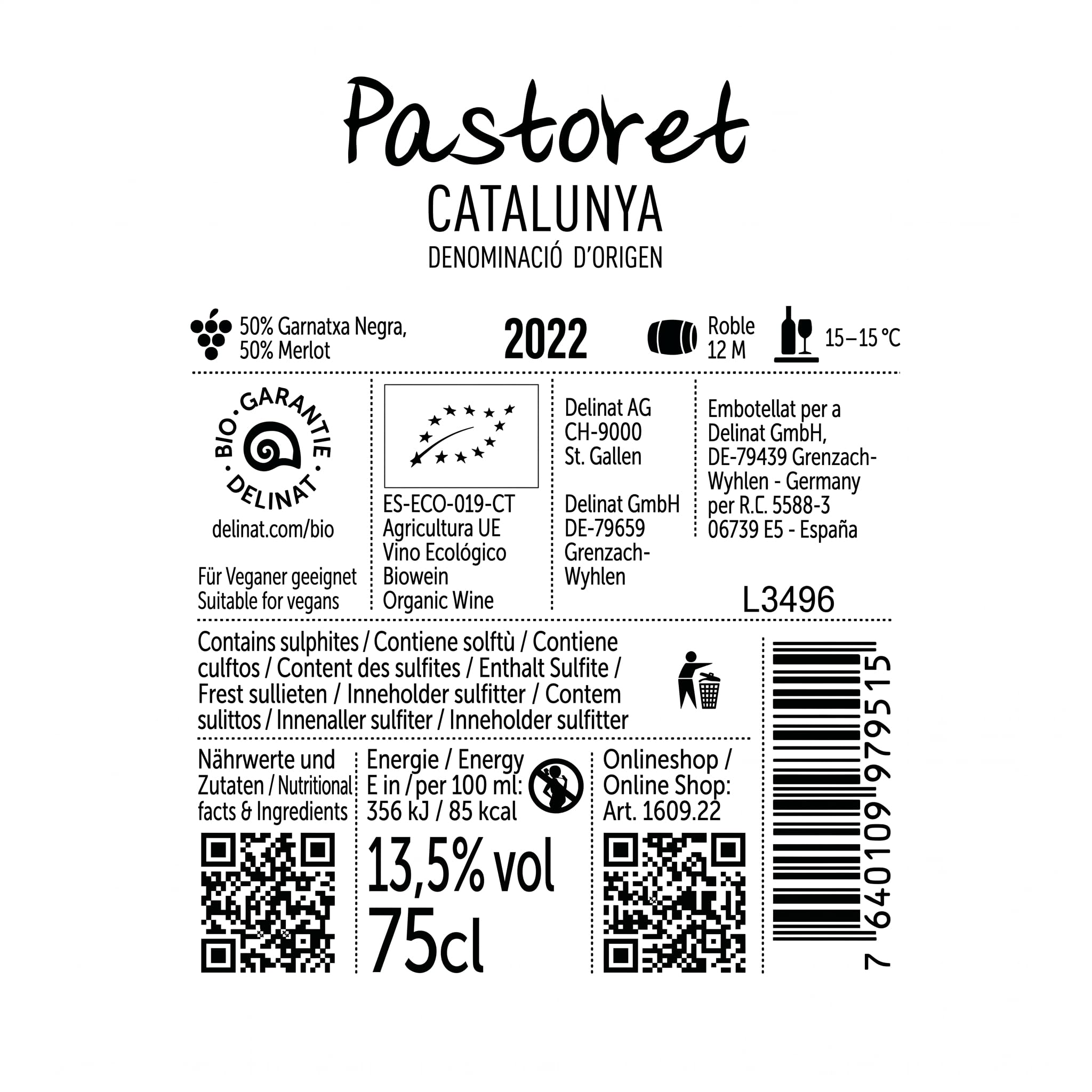 DELINAT Pastoret 2022 – Spanischer Bio-Rotwein halbtrocken aus Katalonien | Veganer Premium Cuvée aus Merlot & Garnacha, im Barrique ausgebauter Premium Wein, säurearm 6 x 0,75l