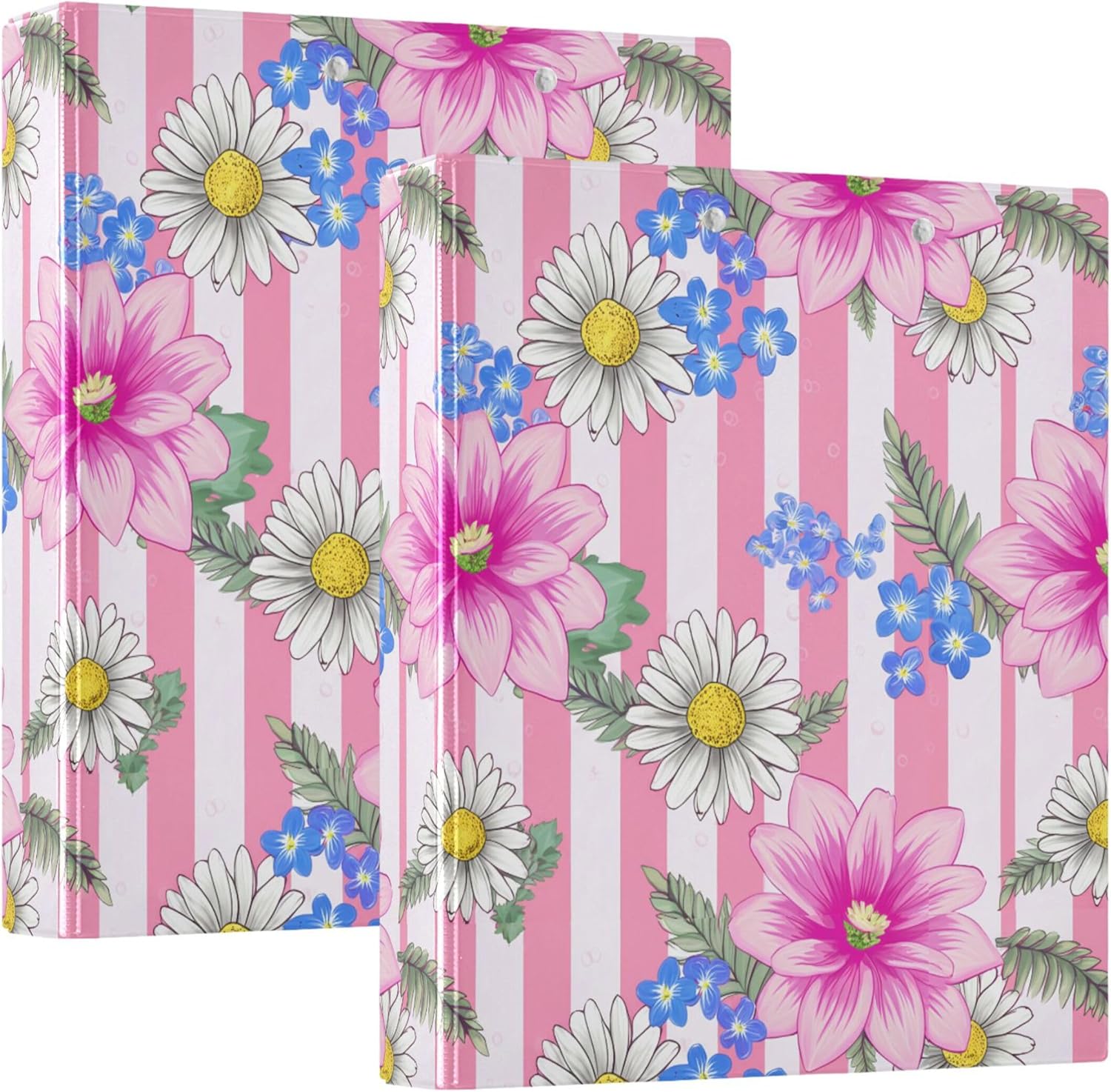 Beautiful Flowers 3 Ring Binders, 1.5” Round Ring Binders with Clipboard - Letter Size, 3 Interior PVC Clear Pockets & Anti-Slip Clip for Office School Supplies, 2PCS