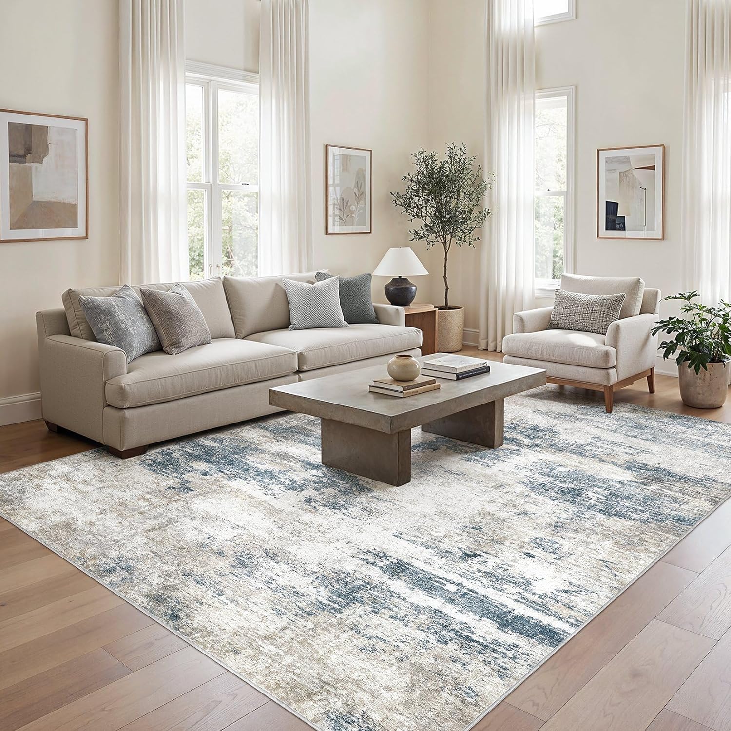 Modern Abstract Area Rug 5x7 - Washable Rug Non-Slip Soft， Rugs for Living Room, Bedroom & Dining Room, Pet Friendly & Easy to Clean Floor Carpet, Stylish Contemporary Art Decor 5x7 Rugs, Blue/Grey