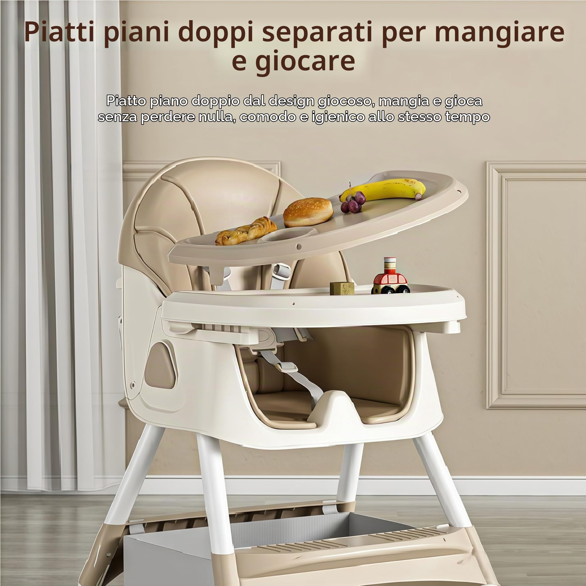 Magic ZC Seggiolone per Bambini Sedia da Pranzo per Multifunzionale Pappa con modalità oscillazione e Schienale regolabile a 3 velocità con Doppi Vassoi Staccabili e Ruote (560 Khaki)