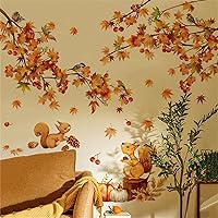 Vista 5 de Calcomanías de pared de hojas de arce de otoño y otoño, calcomanía de pared de pájaro de ardilla de arce, decoración de papel tapiz de granja