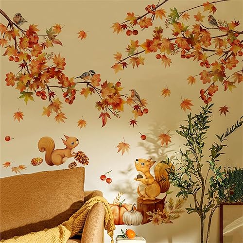 Miniatura 5 de Calcomanías de pared de hojas de arce de otoño y otoño, calcomanía de pared de pájaro de ardilla de arce, decoración de papel tapiz de granja,