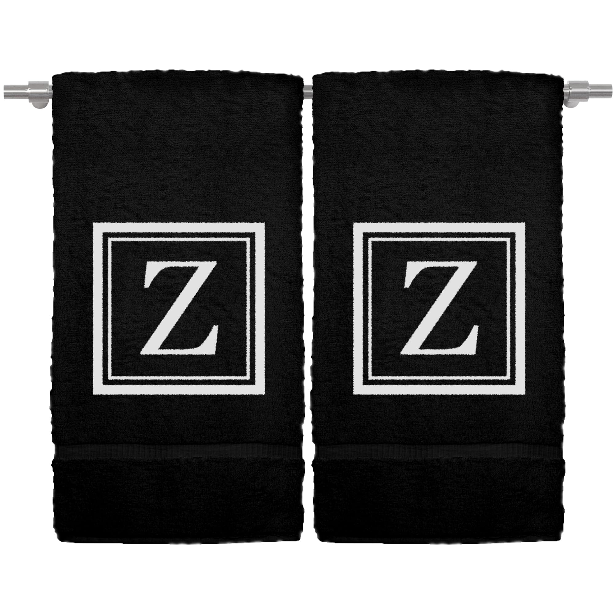 Monogrammed Hand Towel, 16 x 30 Inches Set of 2, Personalized Gift- White Letter Embroidered with Square Design on Black Towel - Extra Absorbent -