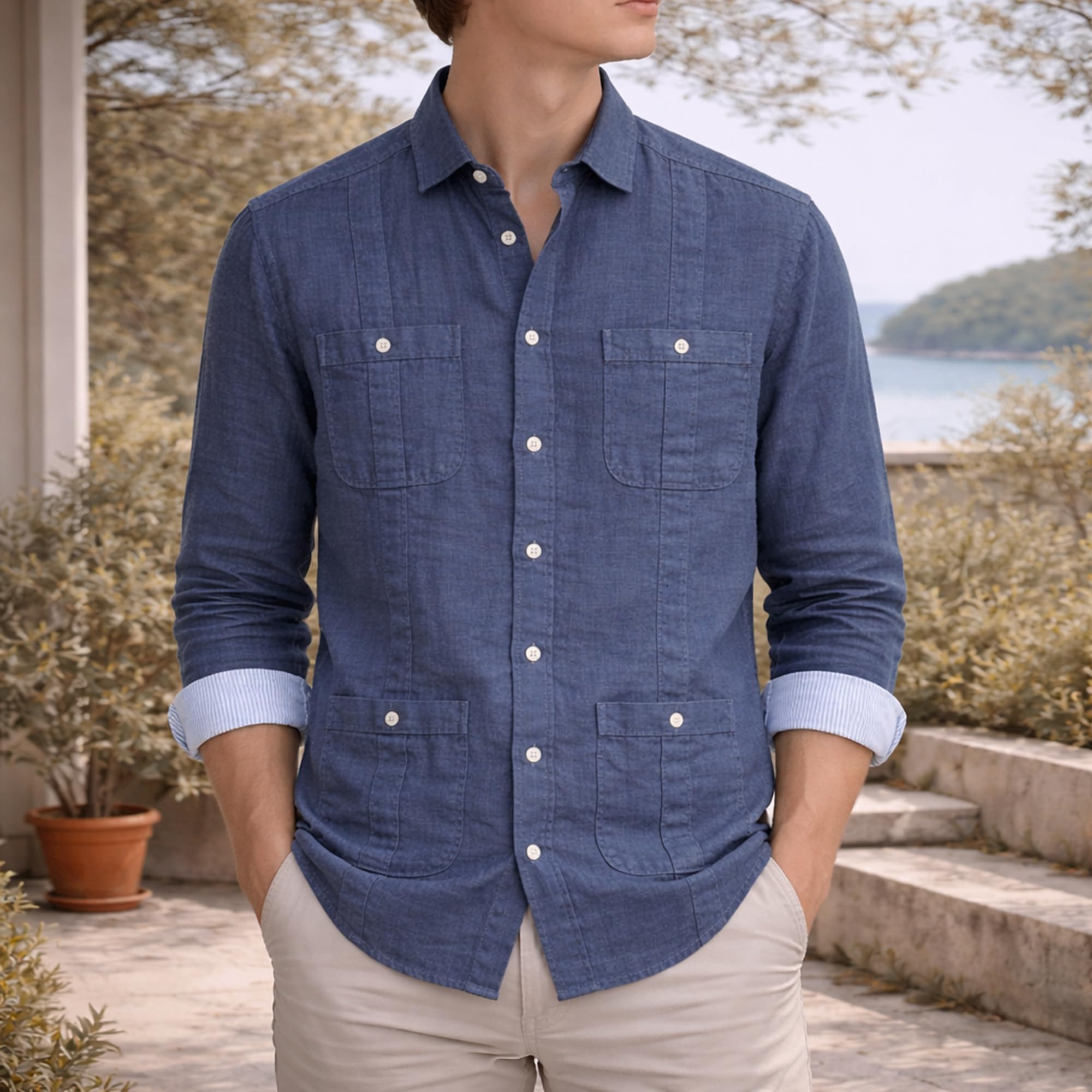 Camisa Guayabera de Lino para Hombre, Manga Larga con 4 Bolsillos y Alforzas, Estilo Cubano Casual para Playa, Verano y Bodas, Transpirable y Ligera