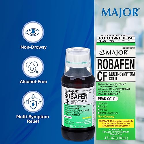 Miniatura 4 de MAJOR Robafen CF Multi-Symptom Peak - Jarabe para la tos fría para la congestión y el alivio de la mucosidad, sin alcohol, sin somnolencia, 4 onzas