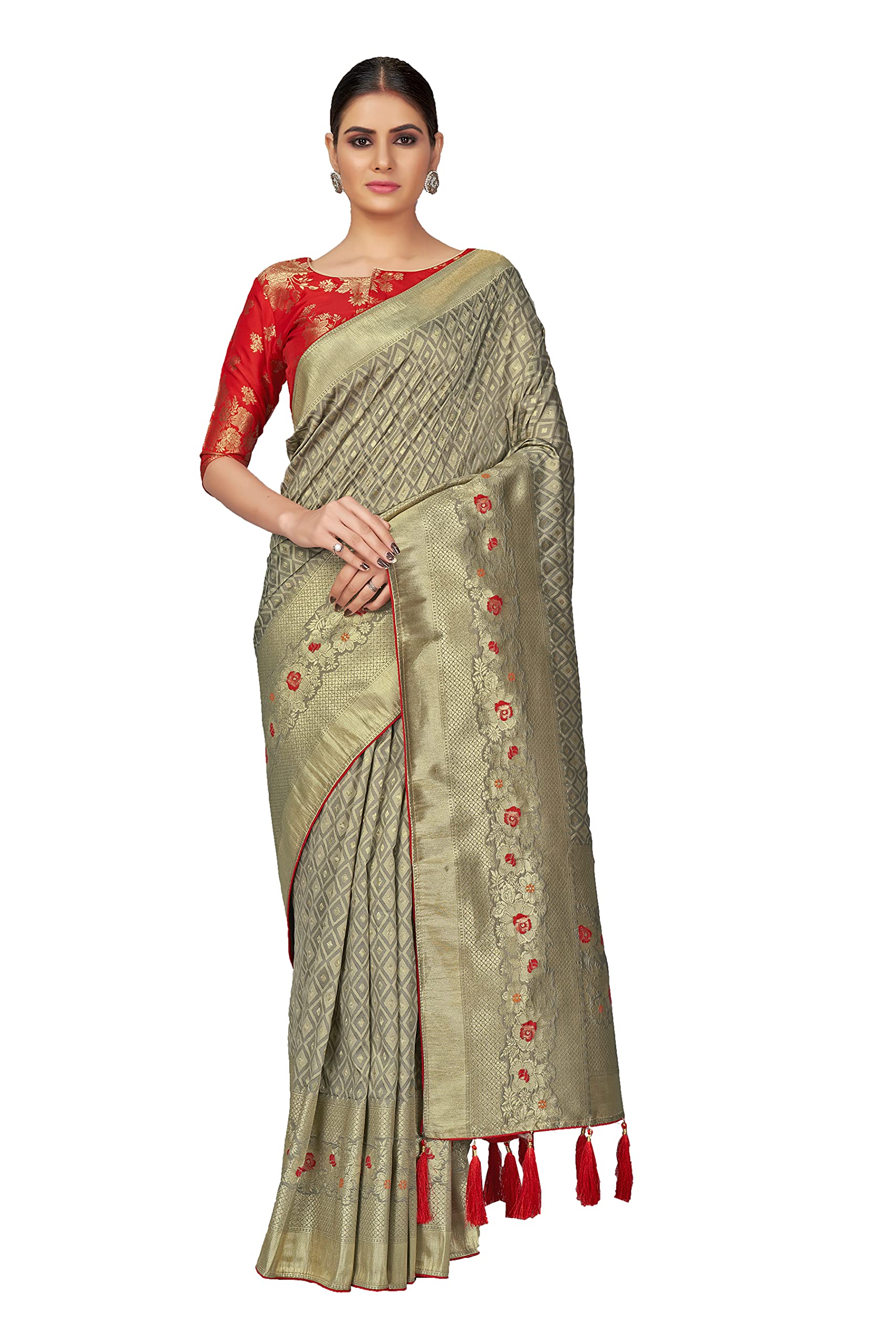 Monjolika FashionWomen's Banarasi Silk Blend Woven Zari With Saree with Blouse Piece (37763_2 Grey)