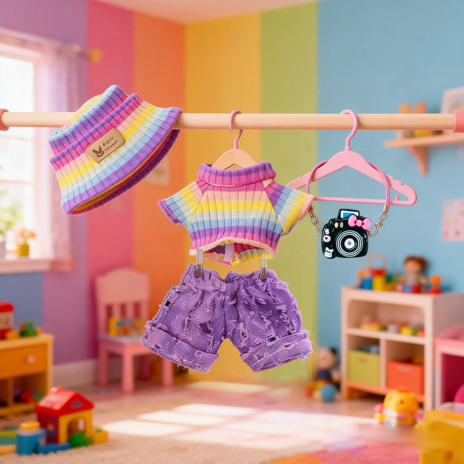 Clothes for Labubu 17cm Dolls(NO Doll) for Labubu Doll Outfits with Accessories Suit for Labubu Cute Stylish Dress Up Set Decorative Camera Purple Pants
