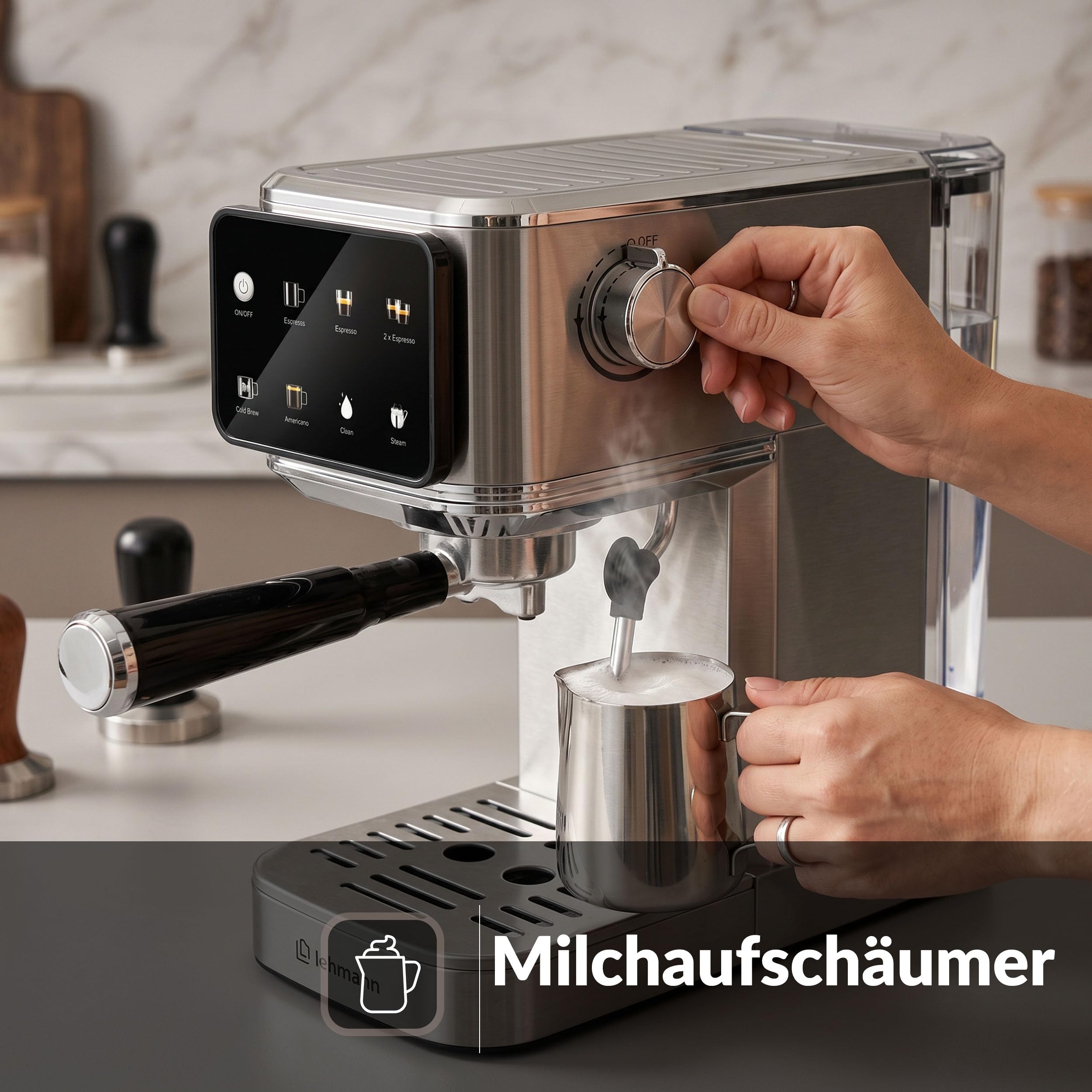 LEHMANN Bellagio Kolbowy ekspres do kawy 20 bar z funkcją spieniania mleka | Do kawy mielonej i kapsułek 37 mm, dotykowy wyświetlacz LCD, Cold Brew, Americano, zbiornik na wodę o pojemności 1,2 l