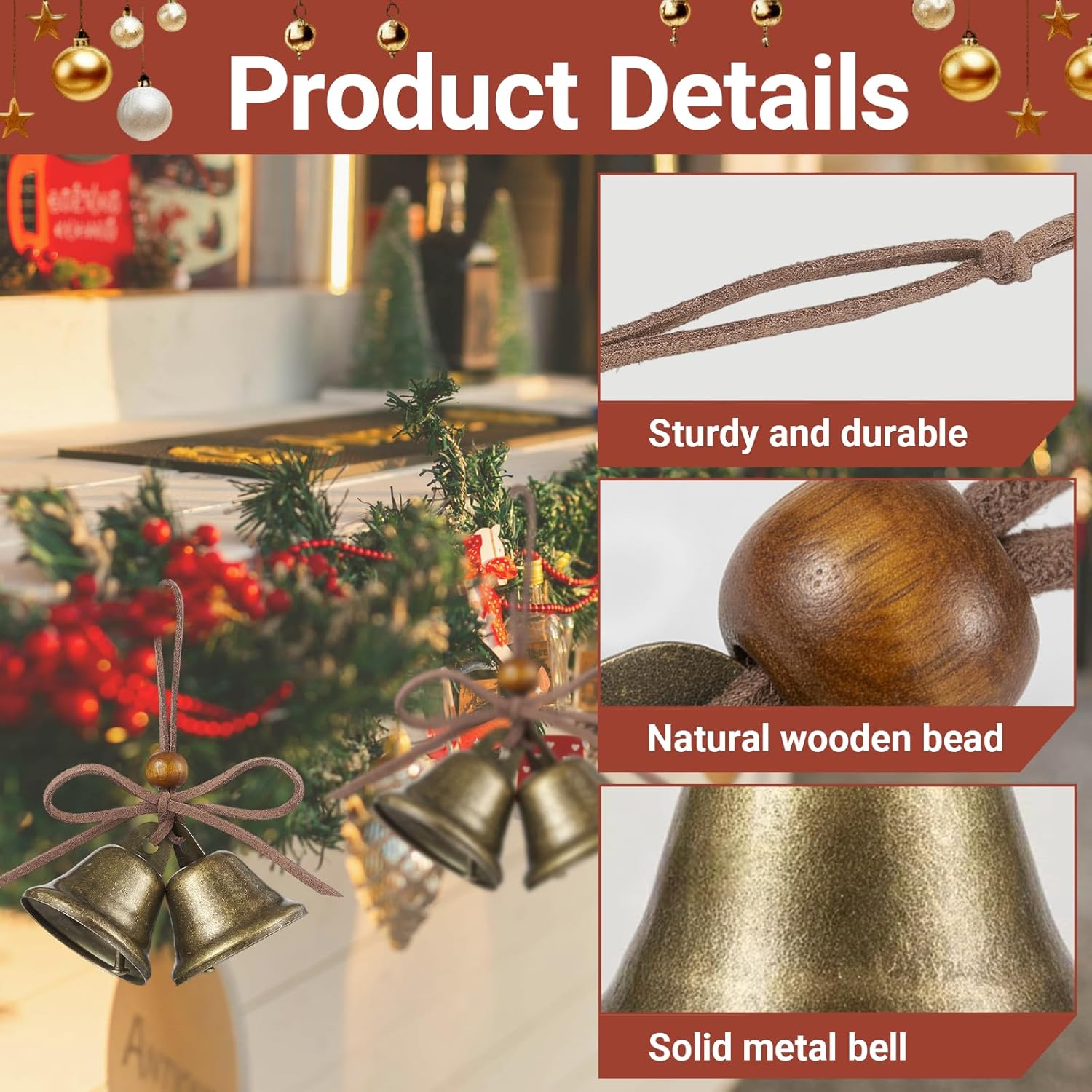 Christmas Bells, 3 Pcs Metal Jingle Bells Handmade Hanging Bells for Home Office Hotel Restaurant Christmas Tree Decoration - Image 3