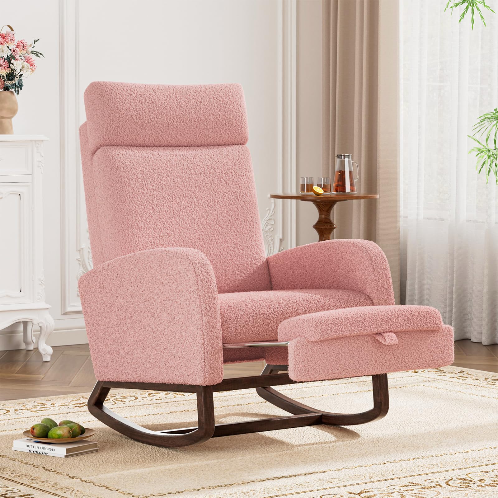 Teddy Nursery Rocking Chair, High Back Glider with Footrest, Purplish Pink