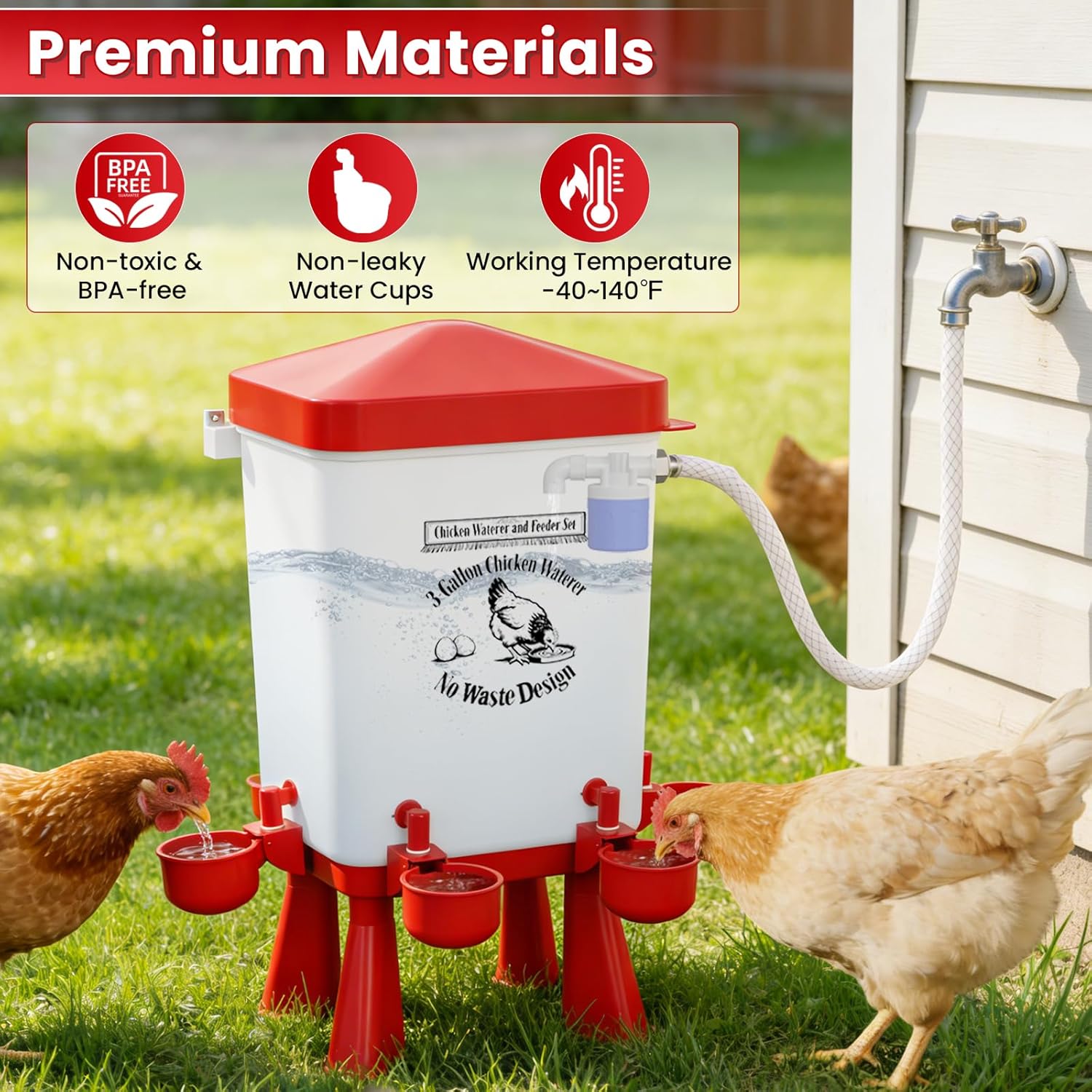 Automatic Chicken Feeder and Chicken Waterer Set with Float Valve, 3 Gallon Chick Feeder Coop Poultry Waterer with Nipples and Feeding Ports No Waste,Standing/Hanging Use, Chicken Coop Accessories