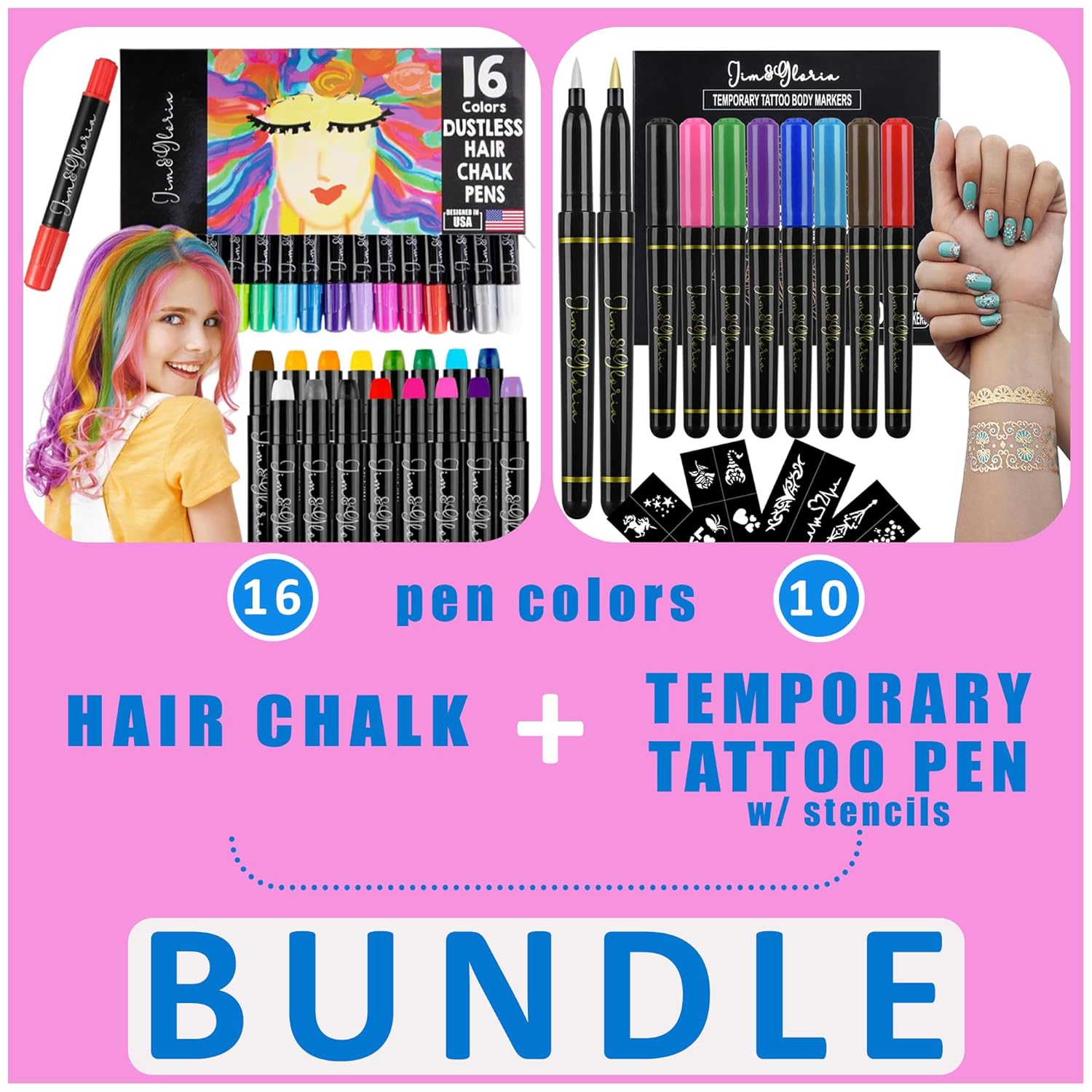 Jim&Gloria Dustless Hair Chalk for girl Temporary Color Dye Body Art Tattoo Pen 10 Colors with Gold and Silver Fake Tattoos Brush Temporary Tattoo Kit