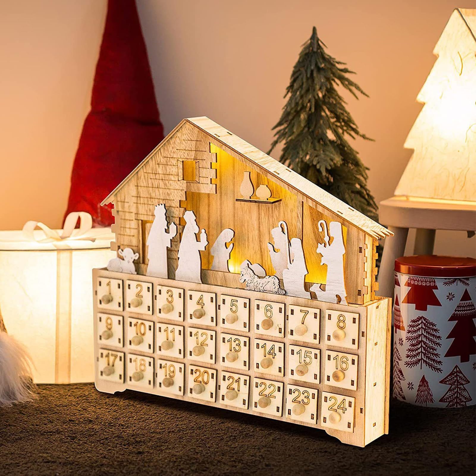Casetta per presepe in legno, decorazione per 24 giorni