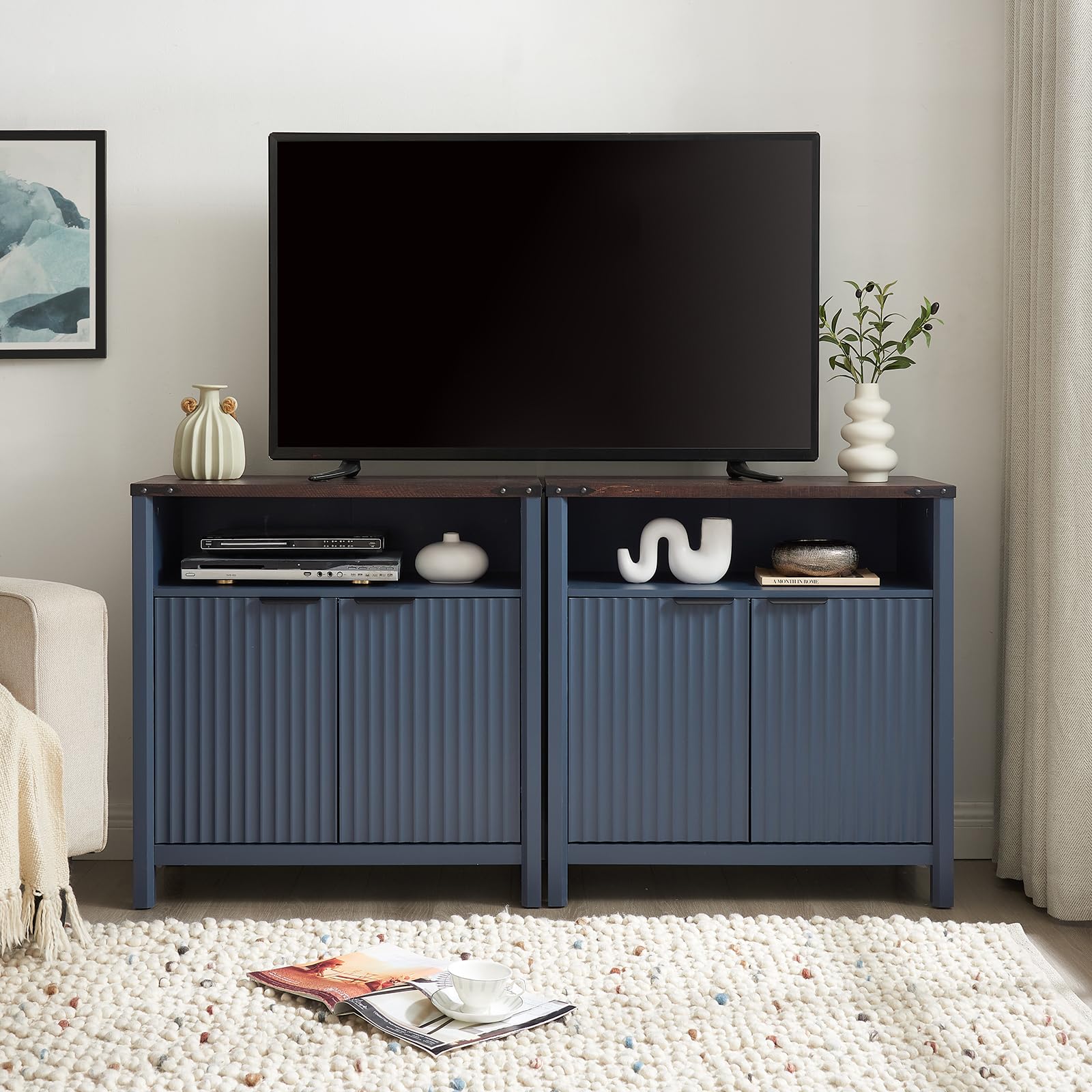 BuildHom 32 Inch Fluted Sideboard Buffet Cabinet with Storage, Modern Farmhouse Accent Credenza with Adjustable Shelves, Coffee Wine Bar Organizer for