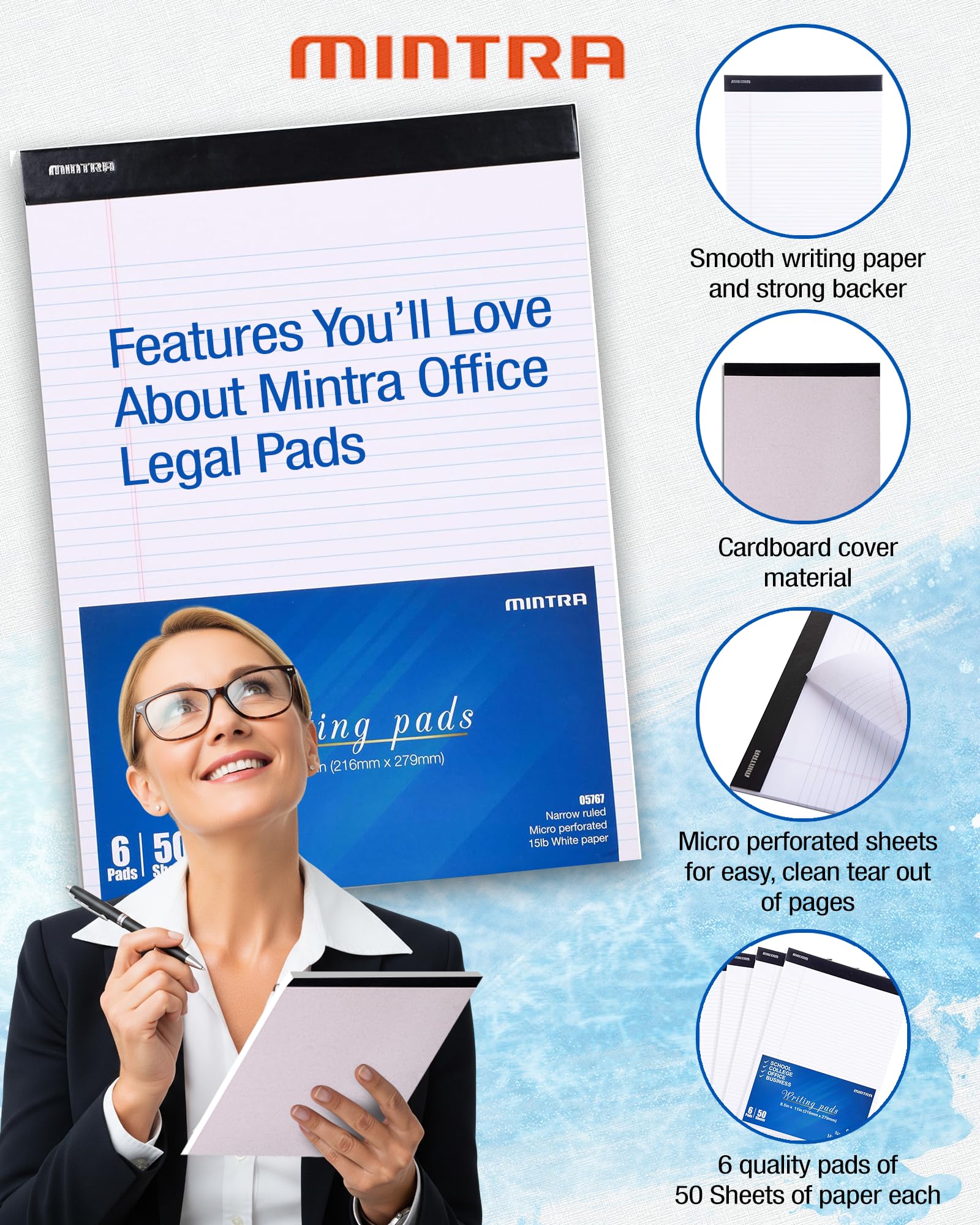 Mintra Office White Legal Pads Ruled Notepads and Micro-Perforated Sheets Ideal for Writing Note-Taking Creativity Office or Professional — view 5