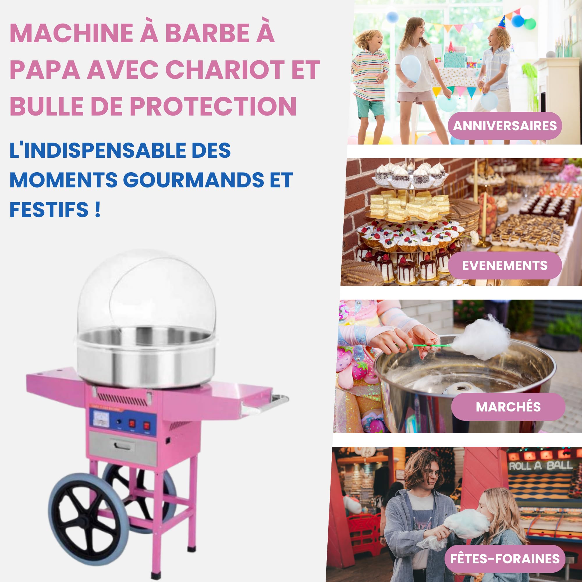 Machine à Barbe à Papa Professionnelle avec Chariot et Bulle - 900 W - Cuve Inox 50 cm