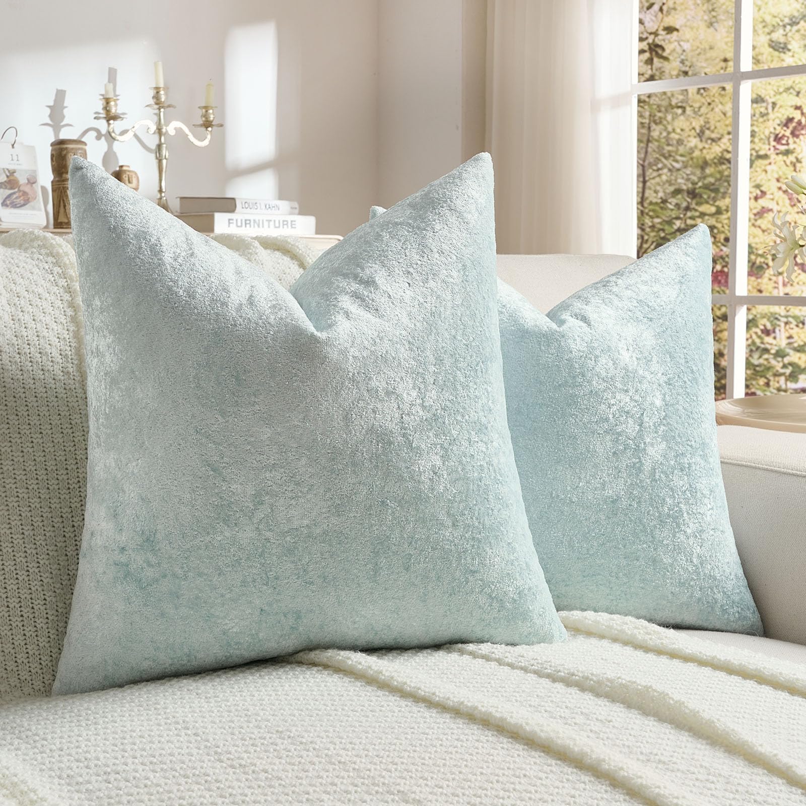 FUTEI Set of 2 Soft Flannel 40x40 cm Cushion Covers Crushed Textured Solid Scatter Pillow Covers 40 x 40 cm Modern Accent for Sofa Bedroon Living Room, Light Blue — image 1