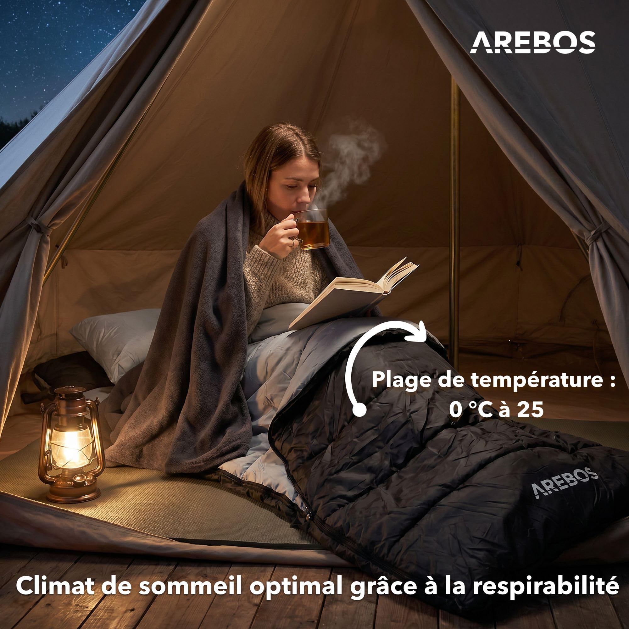 Arebos Sac de Couchage avec Oreiller & Couverture Polaire | 220 x 83 cm | Sac de Couchage Adulte Camping | 0-25°C | Déperlant | Sac de Compression