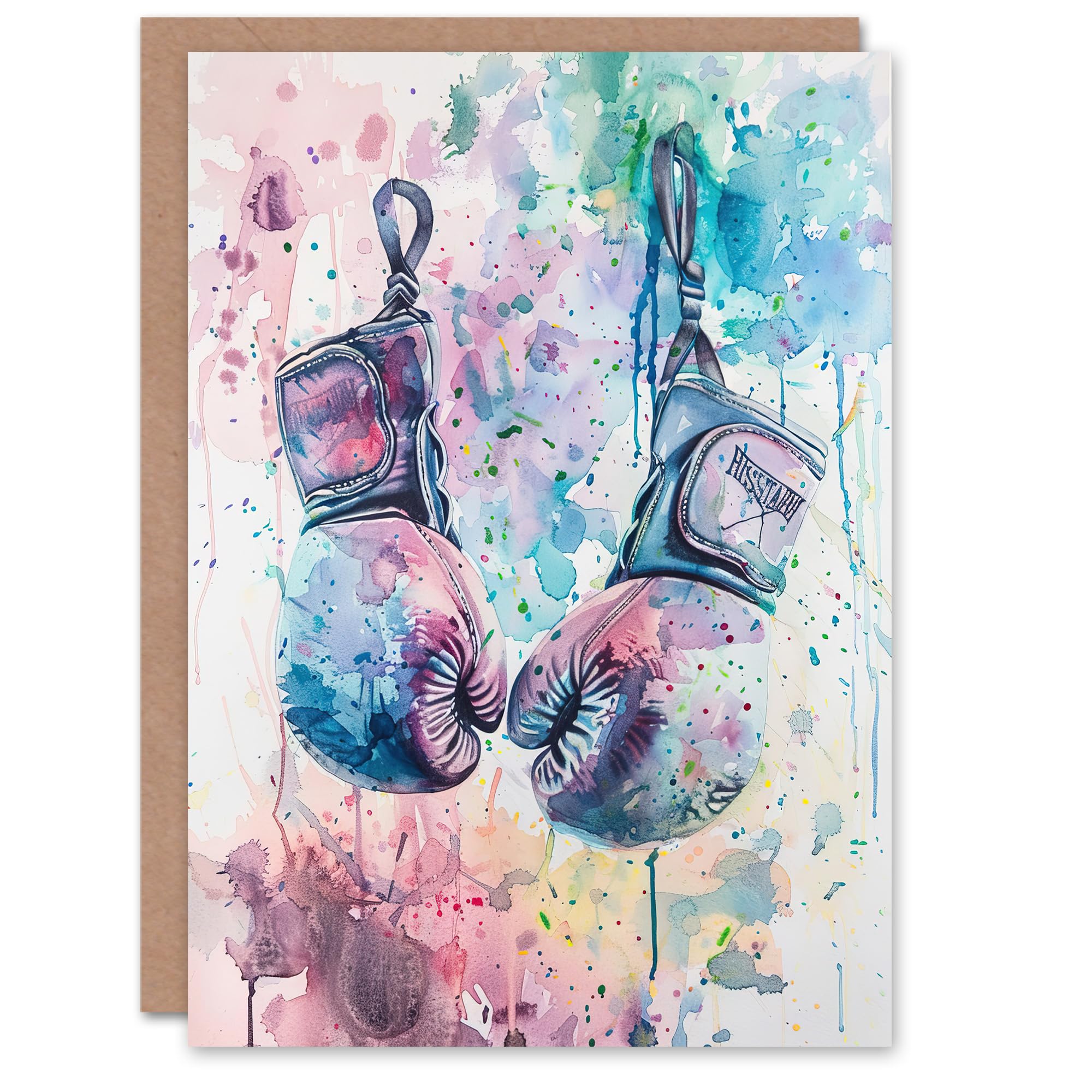 Artery8 Greeting Card Boxing Gloves Pastel Watercolour Splash Painting Blank For All Him Or Her Art Birthday Card