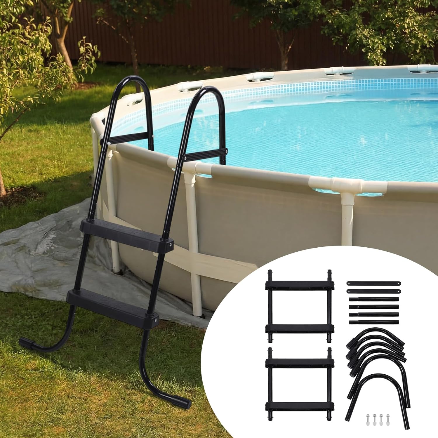 Above Ground Pool Ladder Steel Frame Swimming Pool Entry Exit Ladder Non Slip Metal Frame Steps, Weight Capacity 300lbs(Black,33 Inch)
