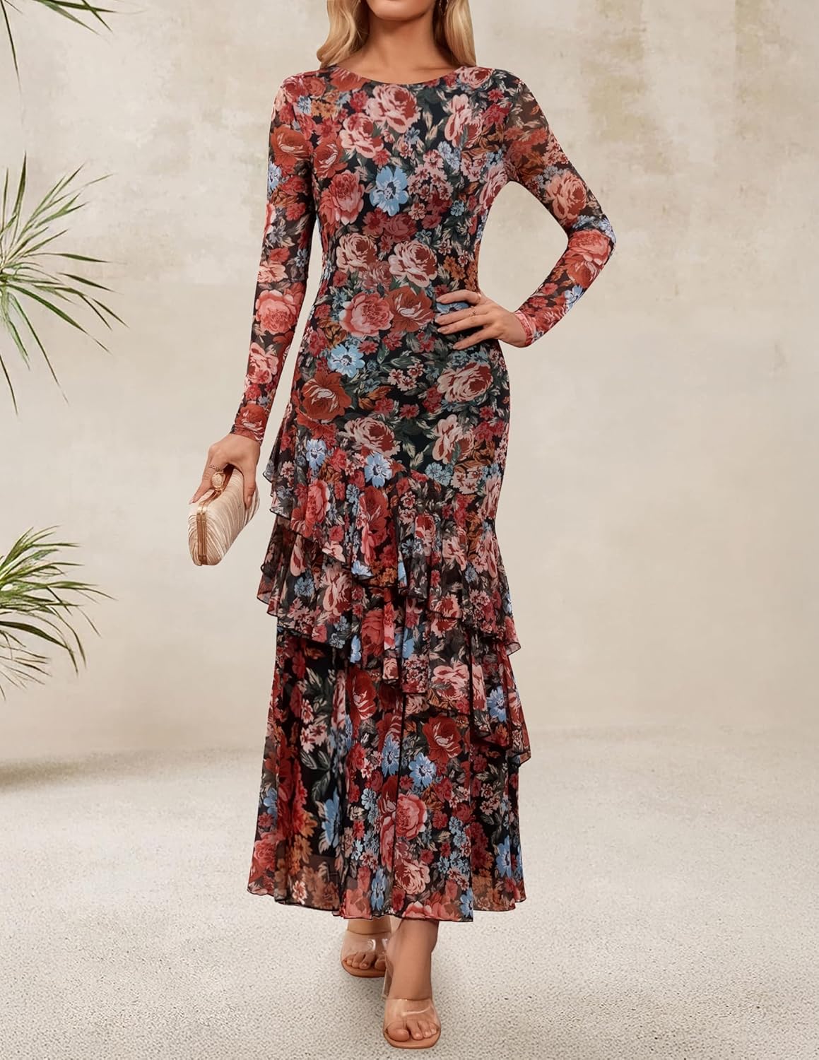 ZESICA Women's Spring Floral Wedding Guest Bodycon Dresses 2026 Long Sleeve Crewneck Mesh Ruffle Mermaid Party Maxi Dress - Image 2