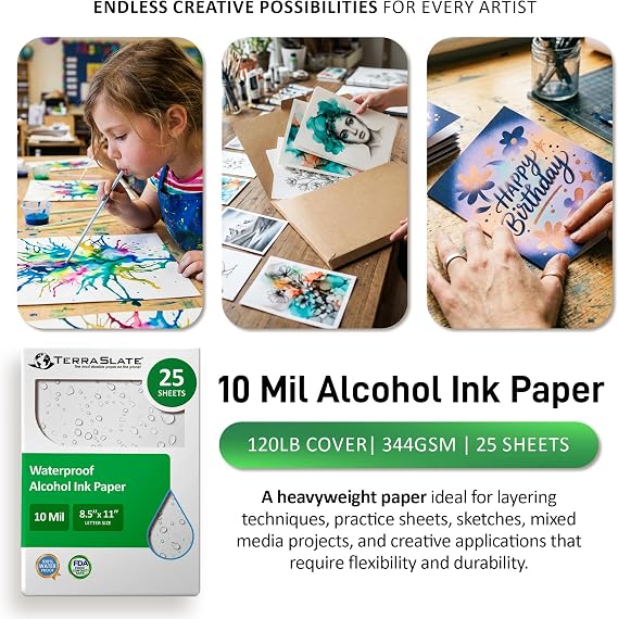 TerraSlate Paper | 10 Mil 8.5 x 11 Alcohol Ink Paper | Waterproof & Non-Porous Alcohol Ink Drawing Paper | Wipeable Alcohol Ink Craft Paper | Bright White Paper for Vibrant Colors, 25 Sheets