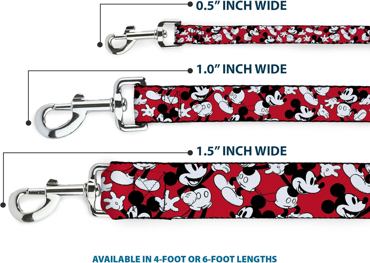 Buckle-Down Pet Leash - Mickey Mouse Poses Scattered Red/Black/White - 6 Feet Long - 1" Wide