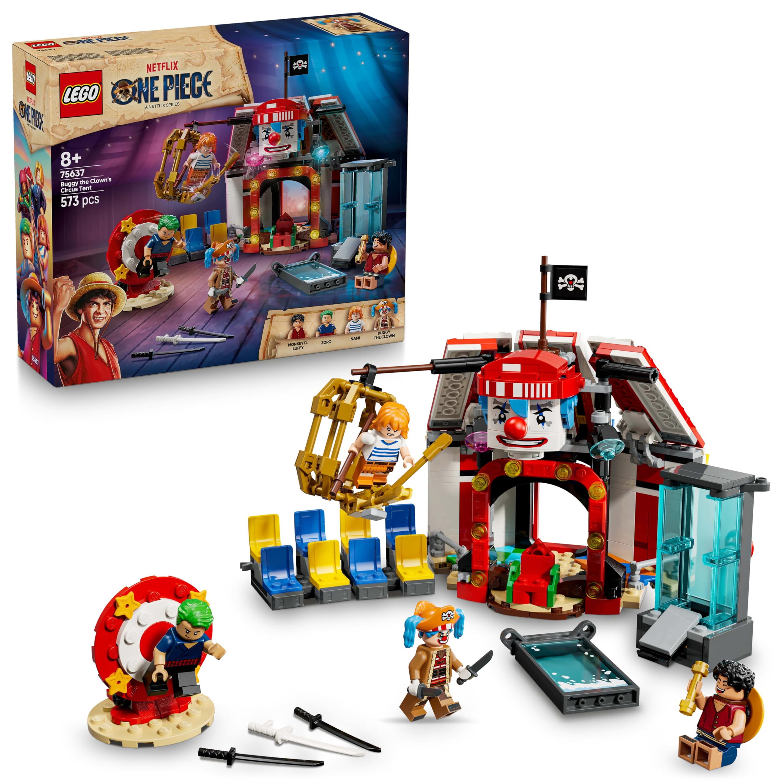 LEGO ONE PIECE La Tenda del Circo di Bagy il Clown - Giocattolo Interattivo con 4 Minifigure tra cui Luffy, Nami e Zoro, e 2 Poster Ricercato - Regalo per Bambini, Bambine e Fan da 8 Anni - 75637