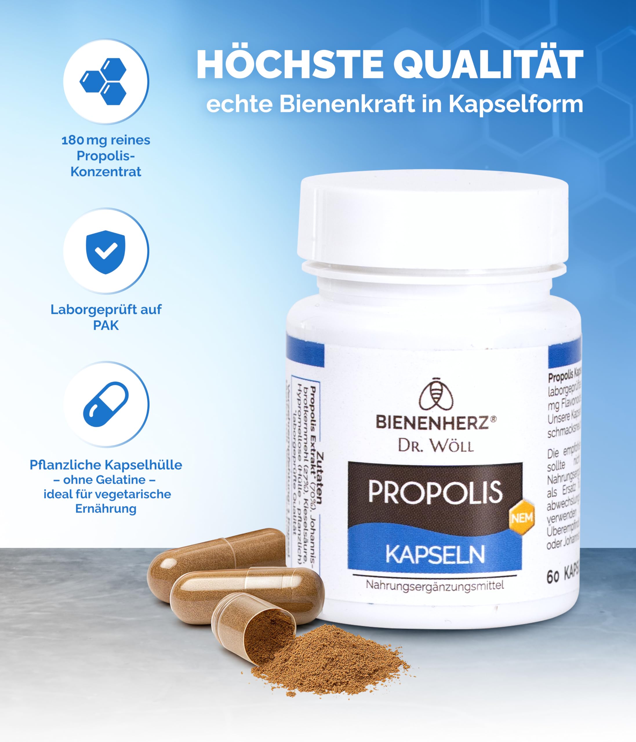 Propolis Kapseln – 180mg reines Propolis-Konzentrat – 3er Set – PAK-geprüft – entwickelt von Imker & Apotheker Dr. Wöll – Made in Germany