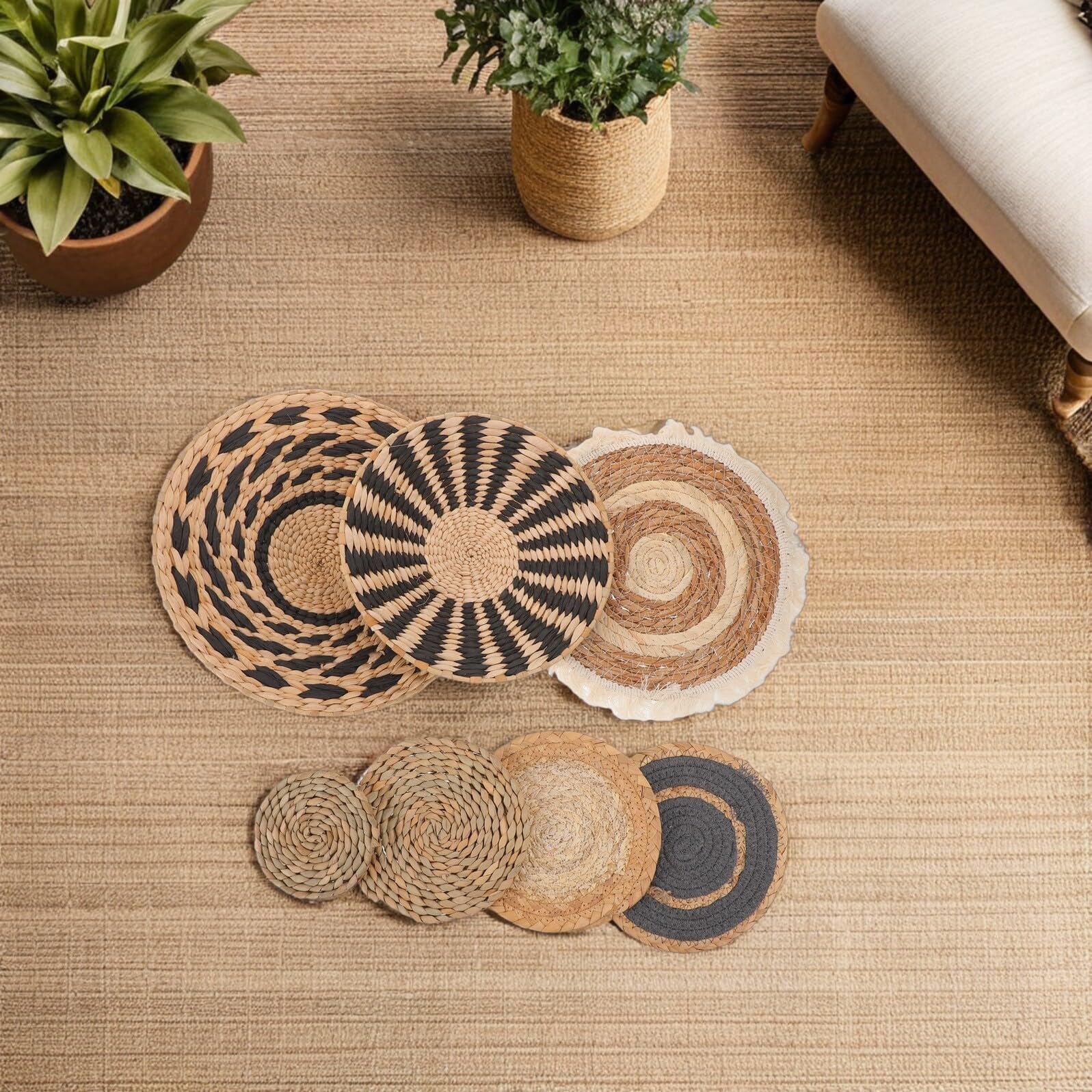 PAMINGONO 7 Szt. Częściowy Boho Wiszących Ręcznie Plecionych Koszy Ściennych z Trawy Rustykalna Dekoracja Do Sypialni i Przedpokoju Praktyczne i Stylowe Rozwiązanie Do Przechowywania