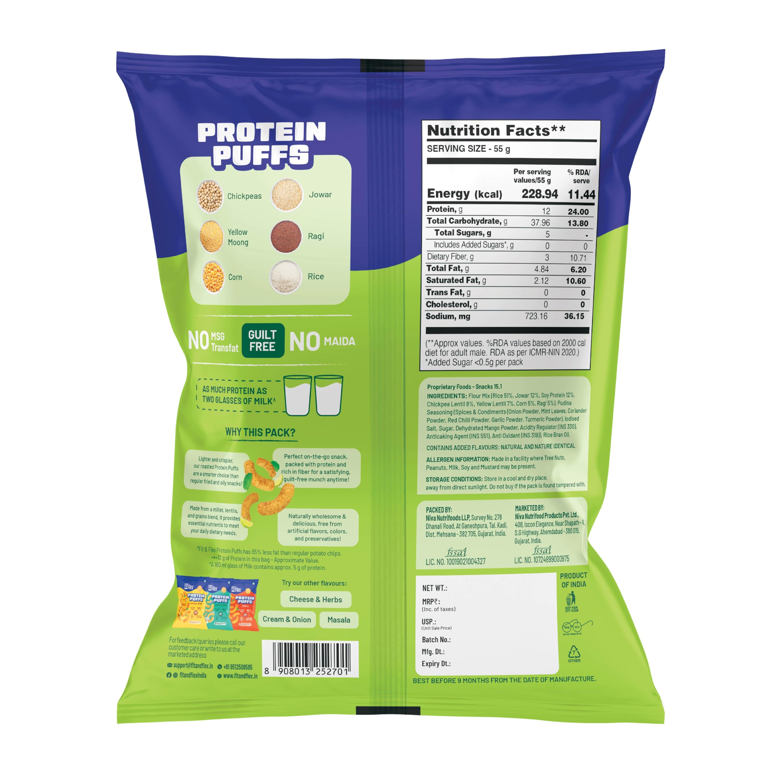 Fit & Flex Protein Puffs | Lemon & Mint | Jowar & Ragi Healthy Roasted Snacks | 12G Protein, Gluten free, No Trans-Fat, No Palm Oil | 55g x Pack of 6 4