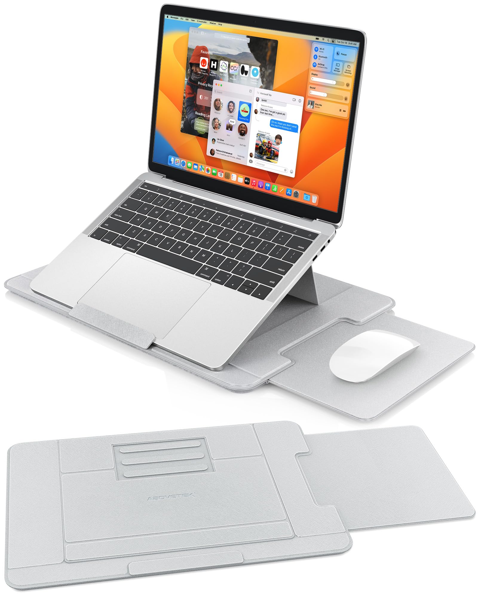AboveTEK Adjustable Laptop Lap Desk, 3 Ergonomic Angles, PU Leather Non-Slip Surface, Heat Shield, Retractable Mouse Pad, Portable Laptop Lap pad for Bed, Sofa, Travel (Light Gray)
