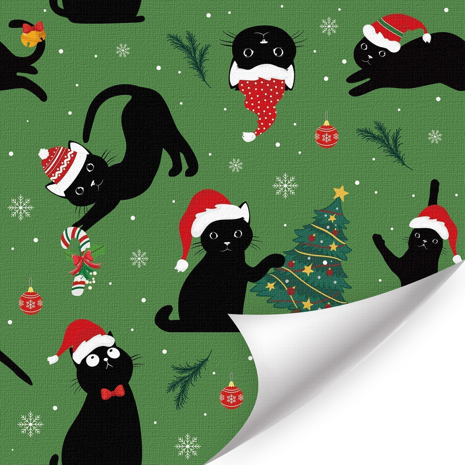 HPNIUB Weihnachts-Katzen Tapete selbstklebend,Lustige Dekoration mit Weihnachtsbaum, schwarzen Katzen Mützen, Wanddeko für Schränke Wand Partydeko für Katzenliebhaber 44x300cm