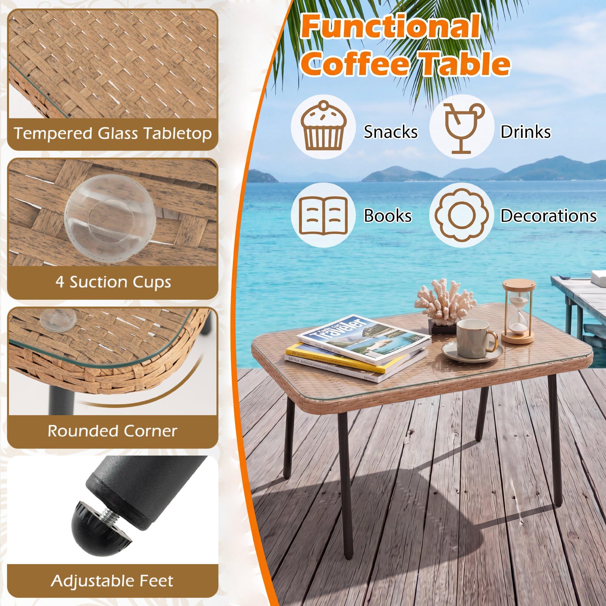 GIANTEX Conjunto de Jardín de Ratán 3 Piezas con Sofá Esquinero | Muebles de Exterior con Cojines y Mesa de Centro con Encimera de Vidrio, para Patio, Piscina y Terraza
