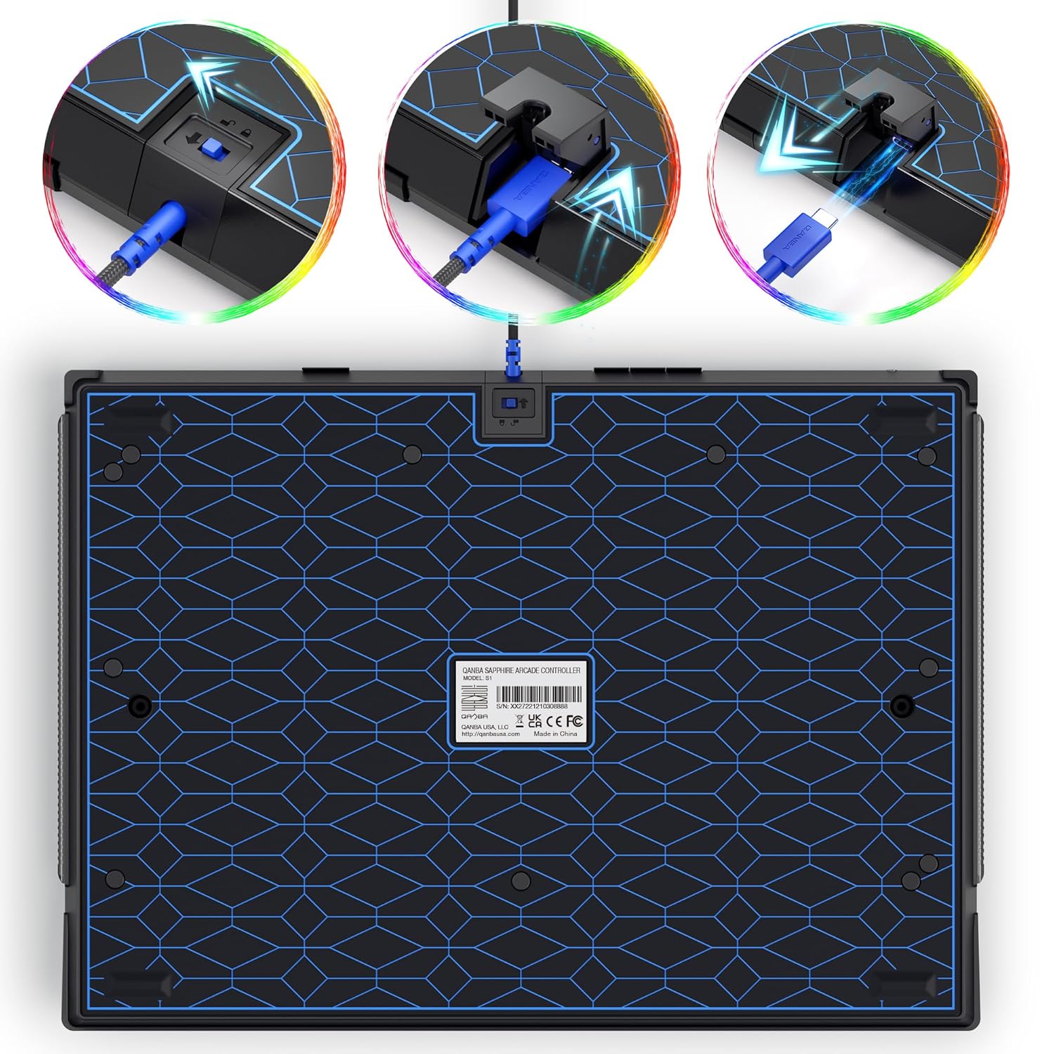 Close-up of the detachable USB-C cable connection on the Qanba Sapphire S1