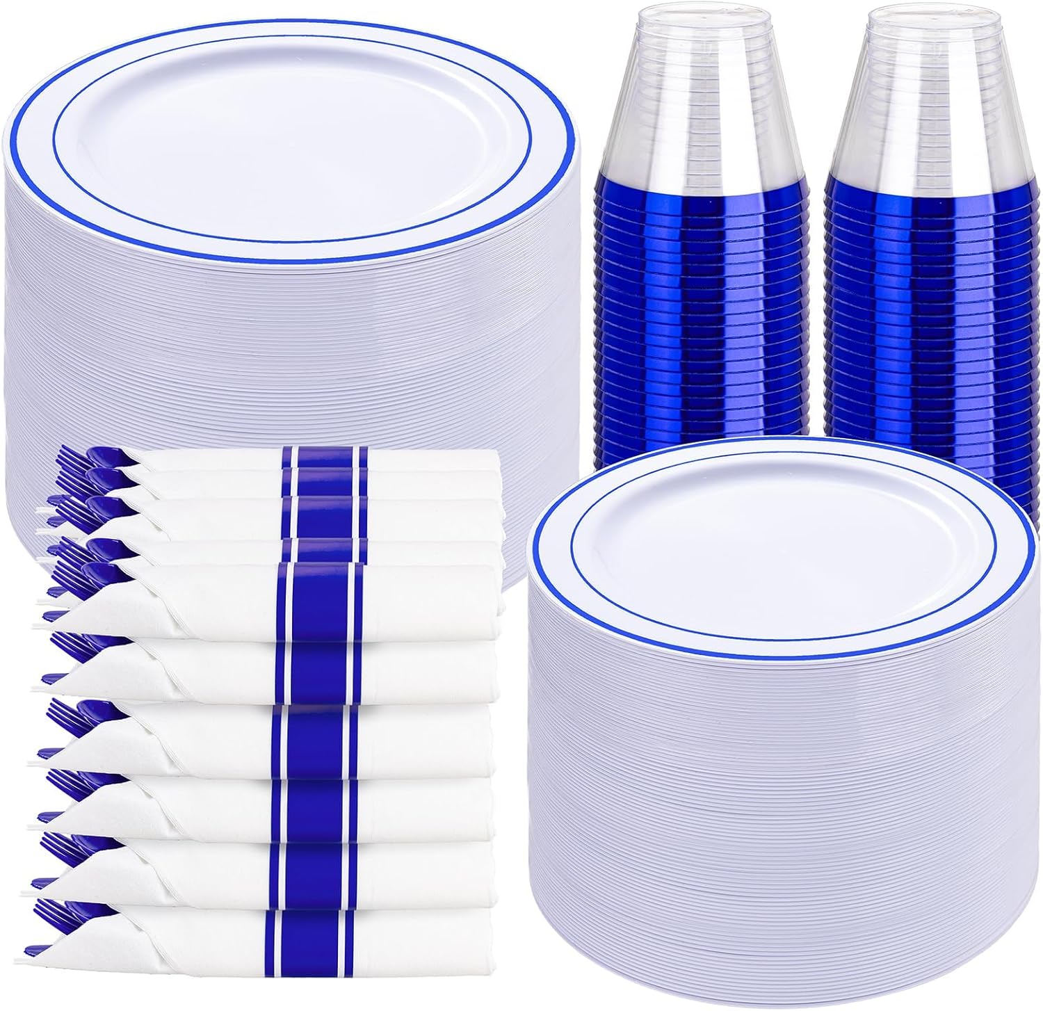 WELLIFE 350 Pcs Blue Plastic Plates for 50 Guests - Plastic Dinnerware Set,Party Supplies Includes 100 blue plates,150 Silverware,50 Napkins,50 Cups,Blue and White Plates