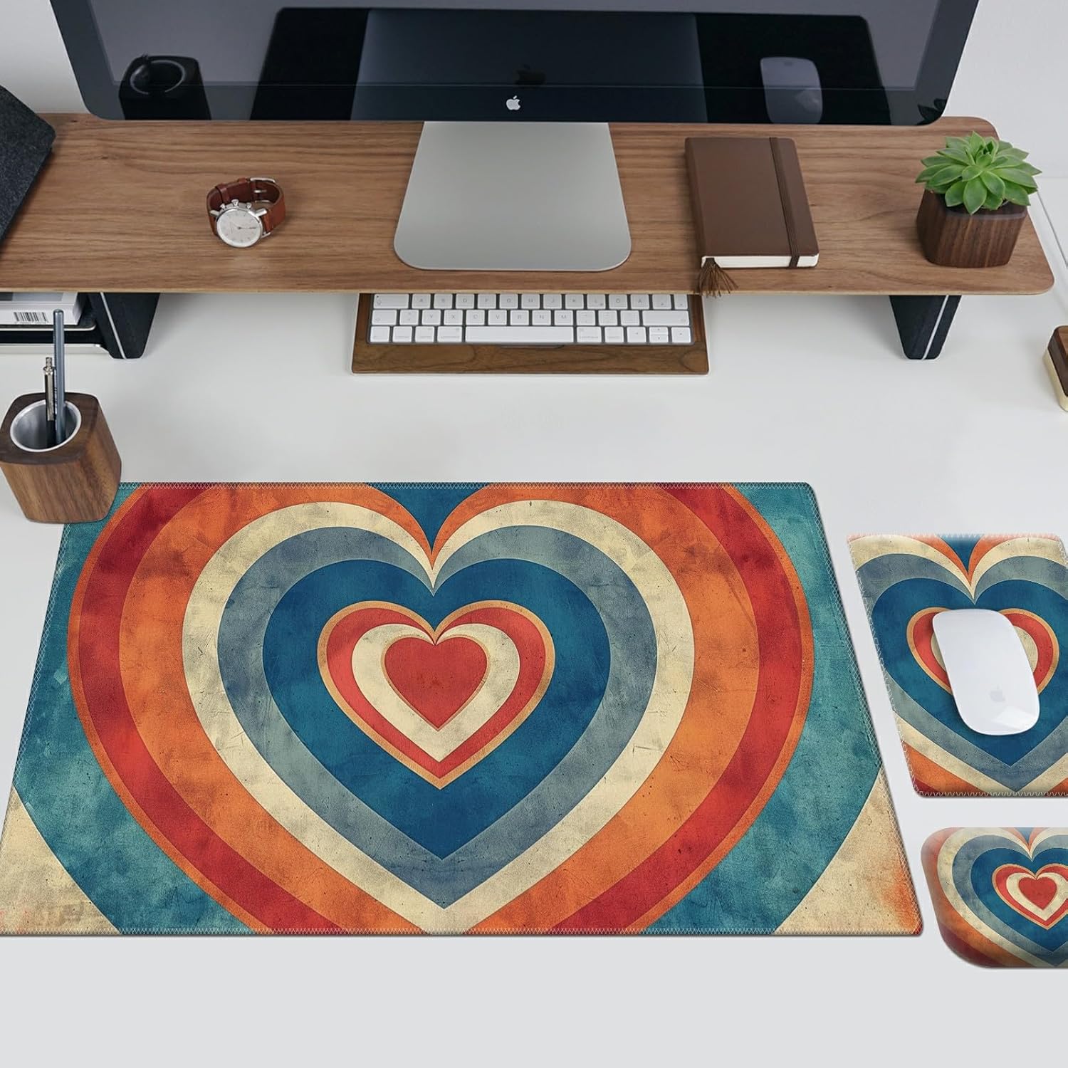 Wrist Rest for Computer Keyboard Small Mouse Pad and Desk Pad Mat 23.6" x 11.8" Set, Office Desk Mat Non-Slip PU Desk Mat for Computer Laptop Office Gaming and Writing, Orange Blue Heart
