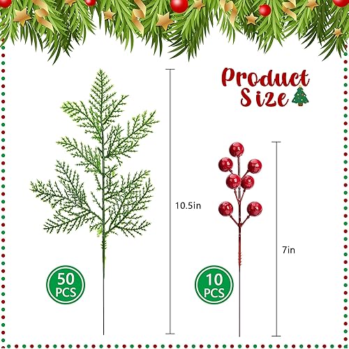 Miniatura 2 de 50 ramas de pino artificiales de Navidad con 10 tallos artificiales de bayas rojas, ramas de hojas de pino de hoja perenne de bayas rojas, agujas de