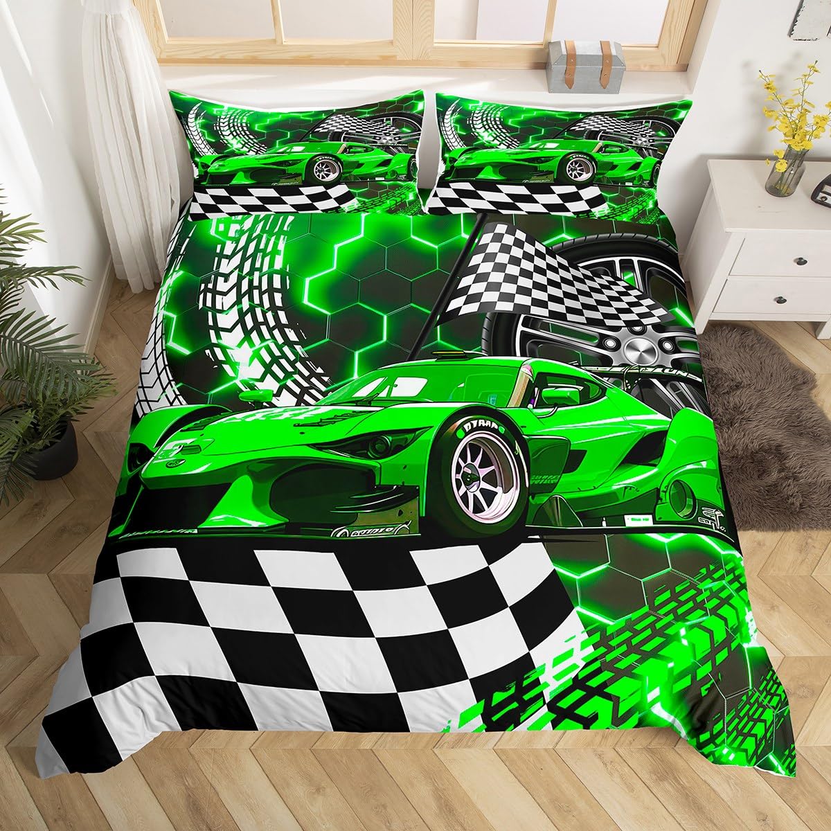 Homewish Boys Racing Car King Size Duvet Cover Sets for Kids, Extreme Sports Car Bedding Set for Teens Men, Green Honeycomb Print Quilt Cover, Black White Checkered Bed Set, Black Reversible โ image 1