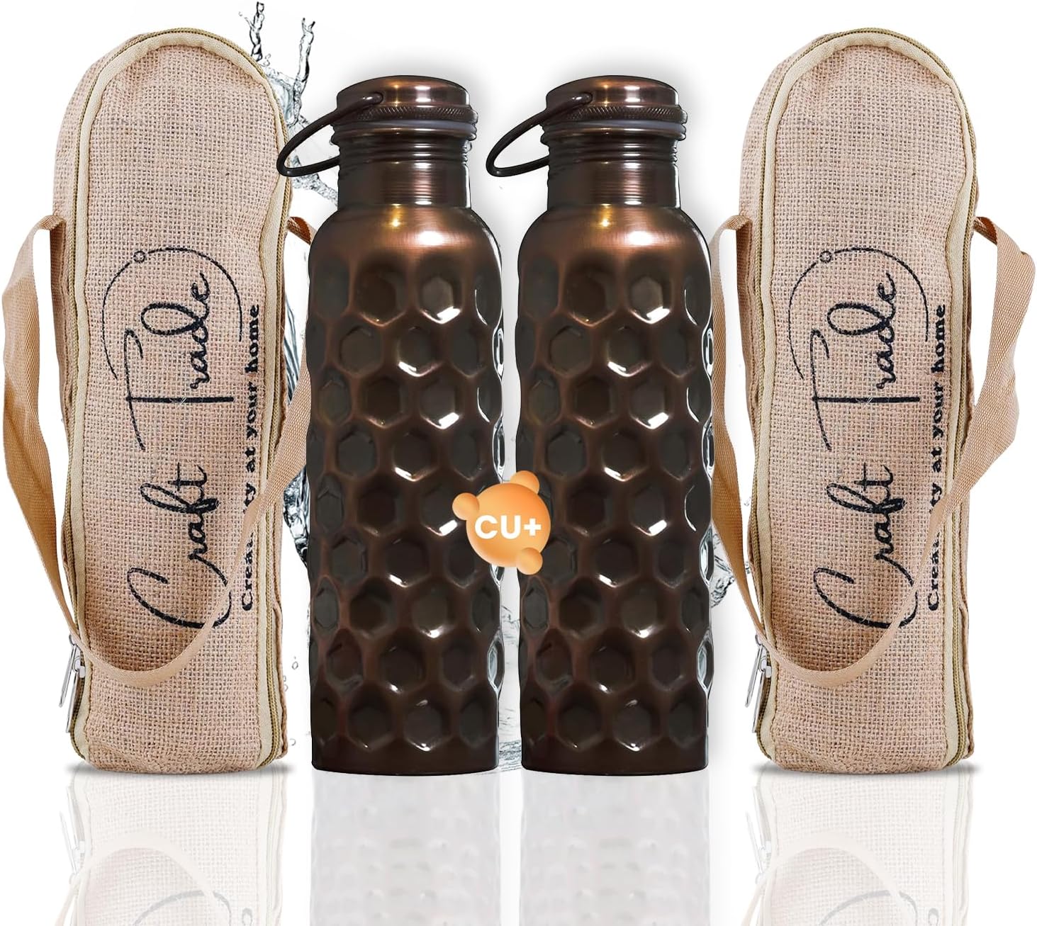 Craft Trade 100% Pure Copper Water Bottle 34 Oz, Ayurveda inspired 1Ltr Bottle for Drinking, Handcrafted Honeycomb Finish with Jute Carry Case, Boosts Immunity & Digestion, Leak-Proof, BPA-Free, 2 Pk