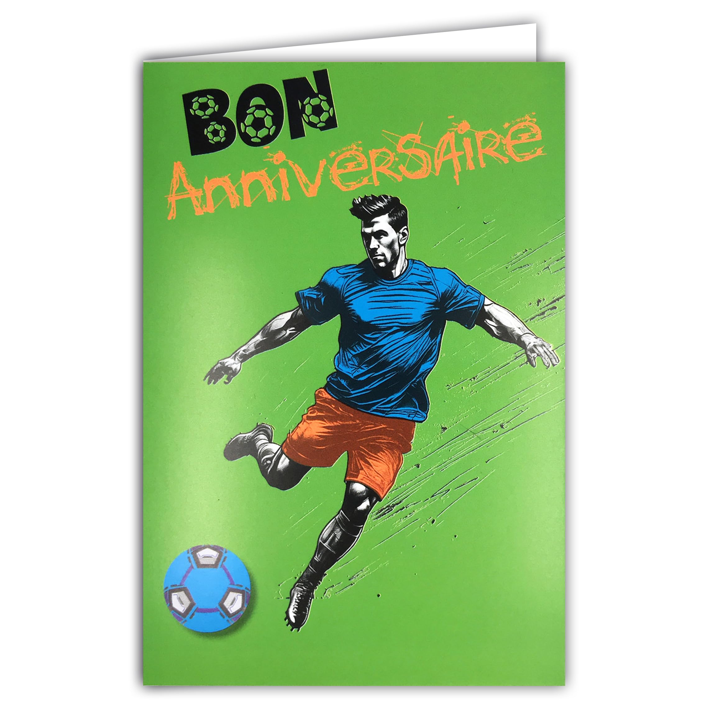 69-8114 Happy Birthday Card with Envelope 12 x 17.5 cm – Illustration Footballer Player Player Sporty Supporter Ball Supporter – Real Fluorescent Inks – Created and Made in France