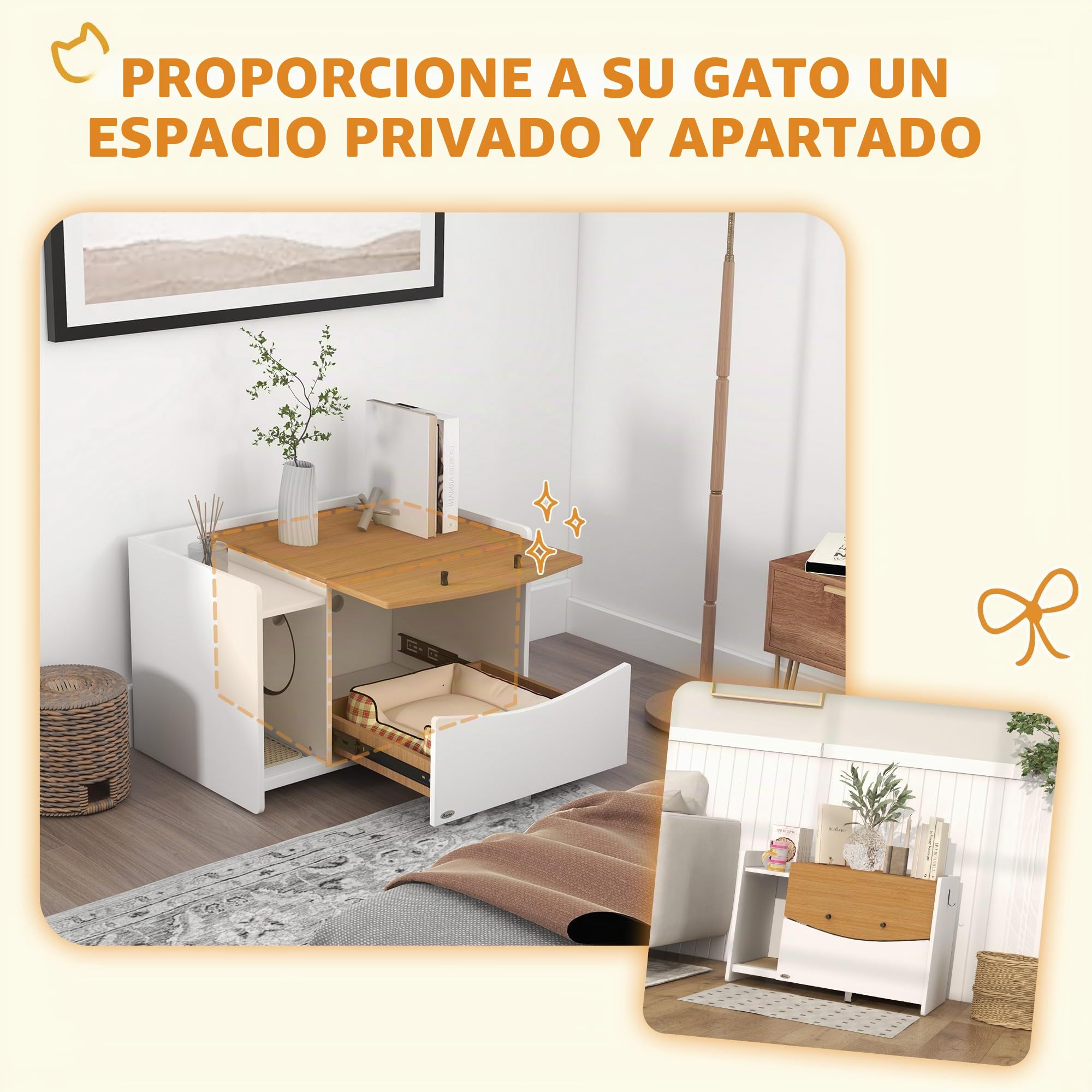 PawHut armario para bandeja higiénica, armario para bandeja higiénica con armario extraíble, alfombrilla para recoger la arena, caseta interior para gatos, 78 x 50 x 51 cm, roble | Armario para gatos, caja de arena oculta con armario extensible, alfombra