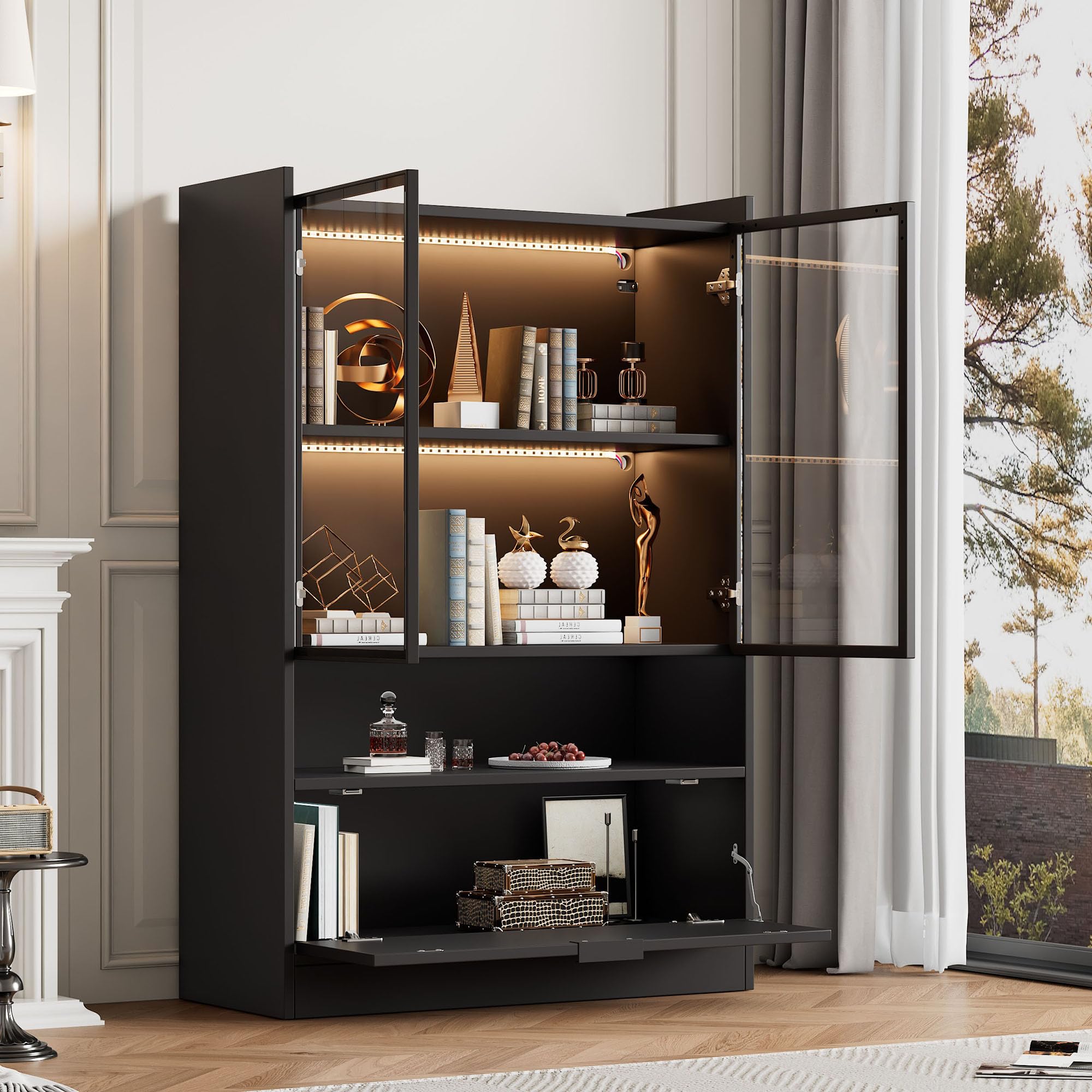 Merax Vitrinenschrank Transparente Vitrine mit LED, Moderner Bücherschrank mit 2 Glastüren & 1 Falttür & Offenes Regal, Sammlervitrine Standvitrine für Wohnzimmer Esszimmer Büro, Schwarz Matt, 120cm