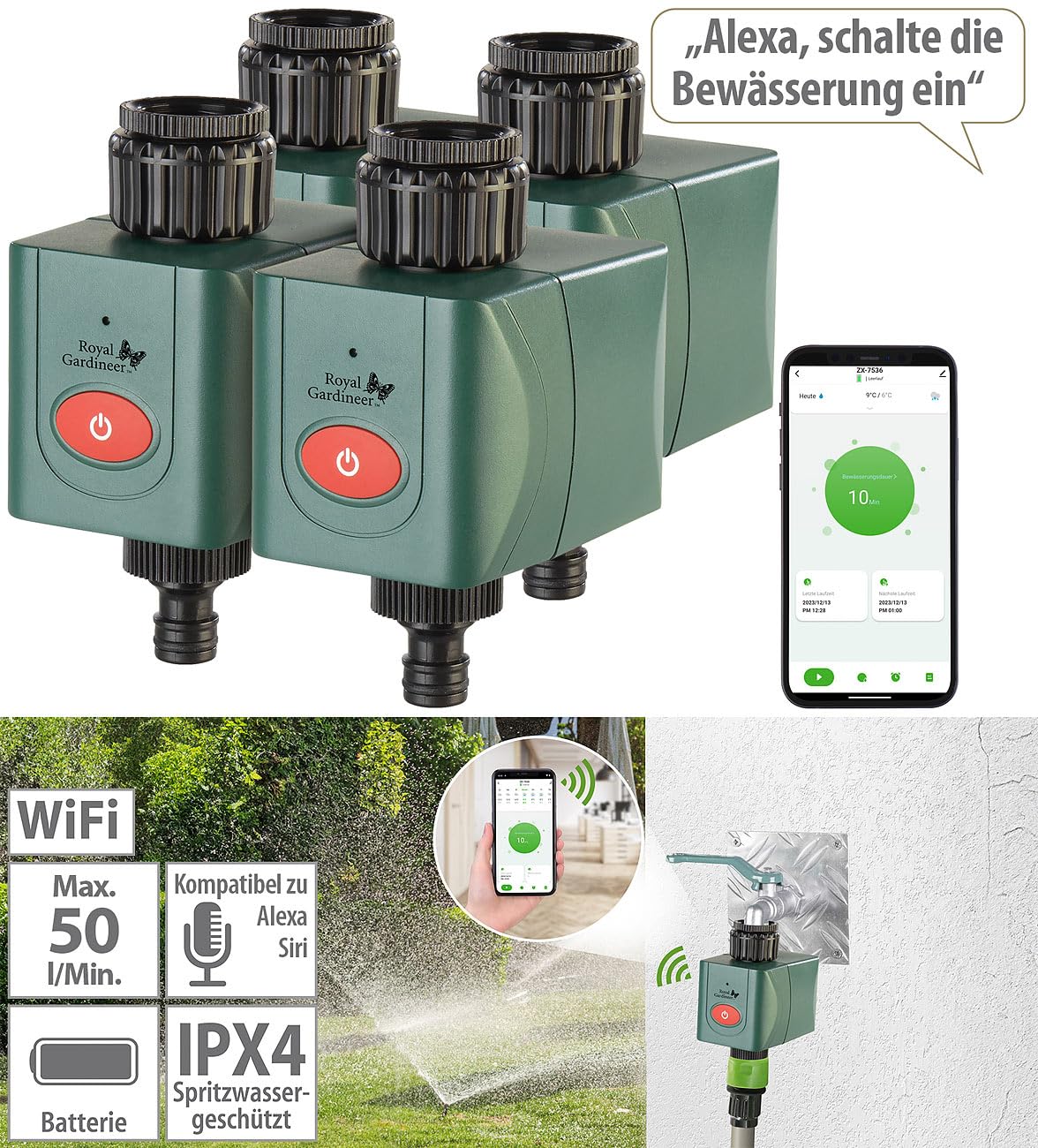 Royal Gardineer Elesion Bewässerung: 4er-Set WLAN-Bewässerungscomputer mit Ventil, App-Wetterdatenabgleich (Steuergerät Garten-Bewässerung, Bewässerungssystem Garten WLAN, Handy)