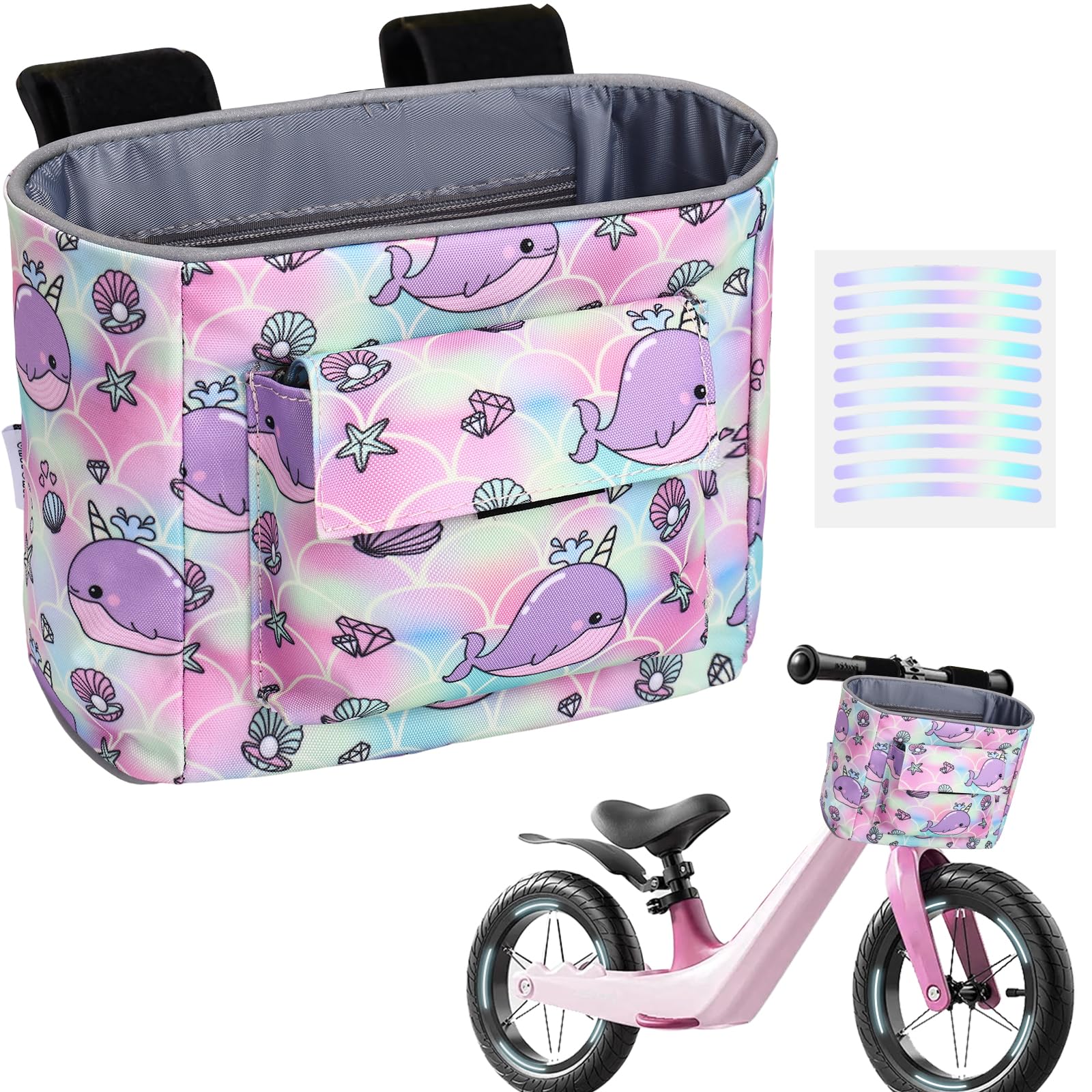 LOCAL LION Kids Bike Basket, Bike Handlebar Bag, Waterresistant Bicycle Basket, Thickened Bicycle Front Bag For Children's Balance Bike Tricycle Scooter, Pink Purple-Whale — image 1